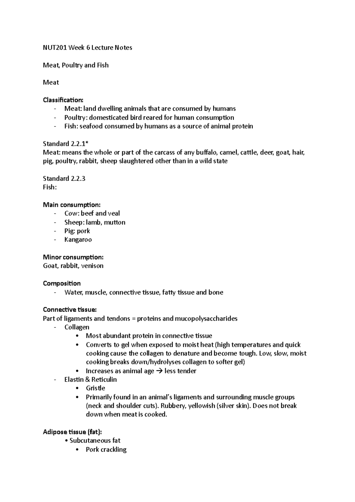 Lecture Notes Meat, Poultry and Fish NUT201 Week 6 Lecture Notes