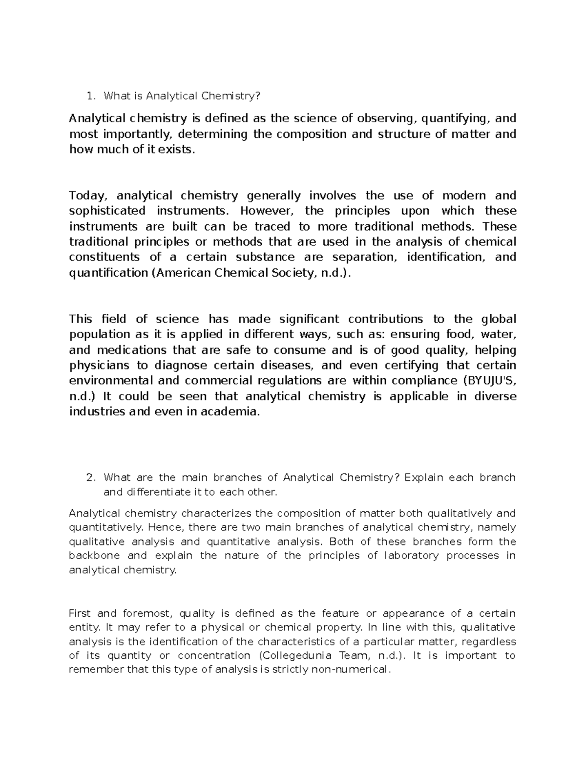 Anachem - for completion - 1. What is Analytical Chemistry? Analytical ...