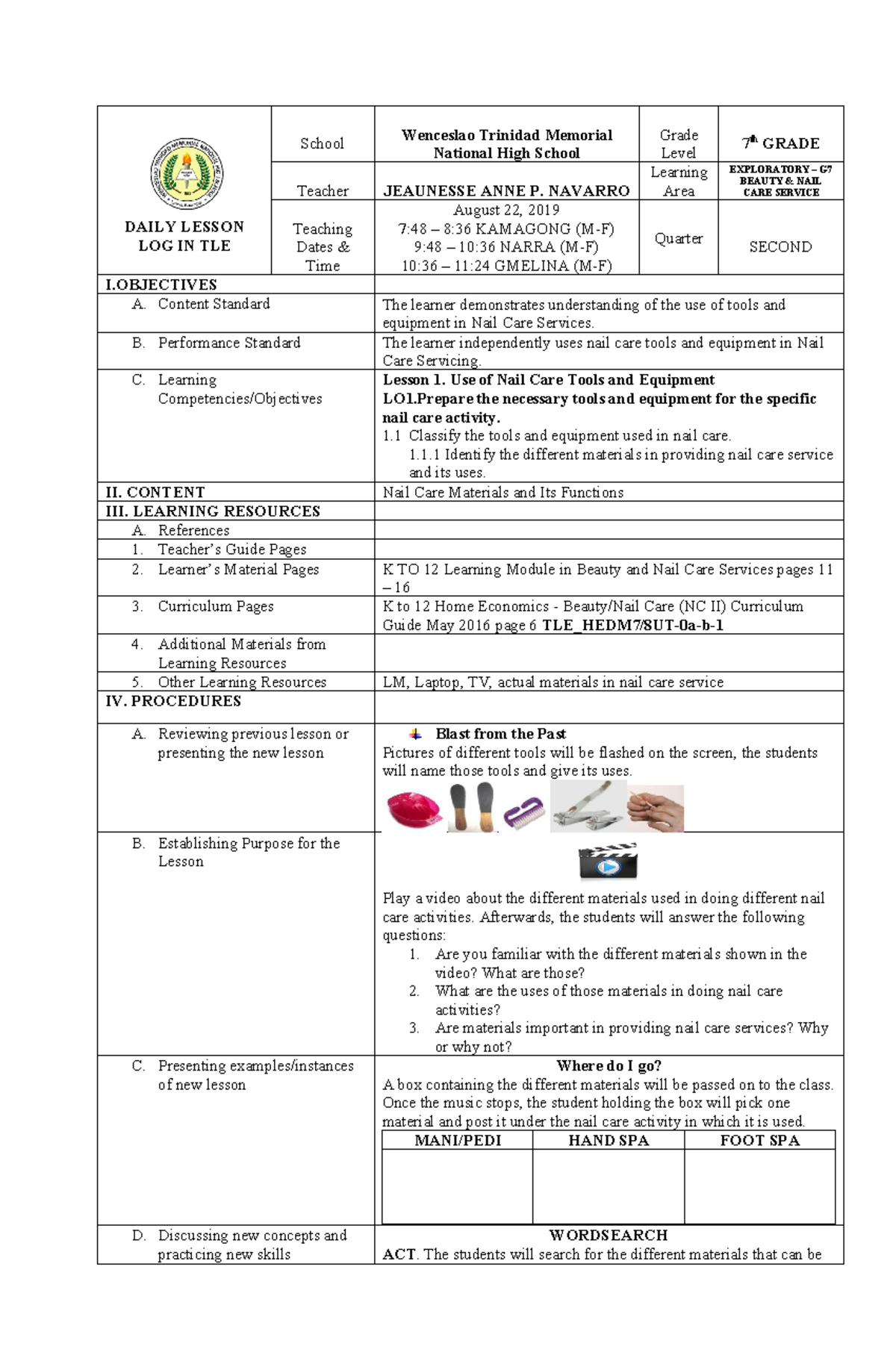 3. August 22 dll for nail care service 7 DAILY LESSON LOG IN TLE School Wenceslao Trinidad