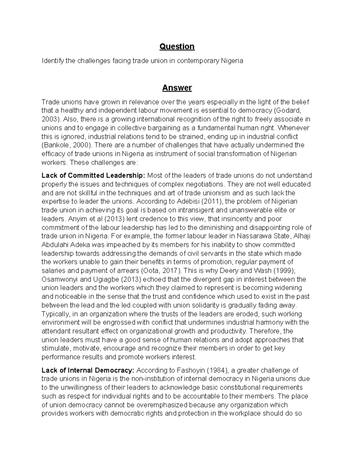 Challenges OF THE Nigerian Trade Unions - Question Identify the ...