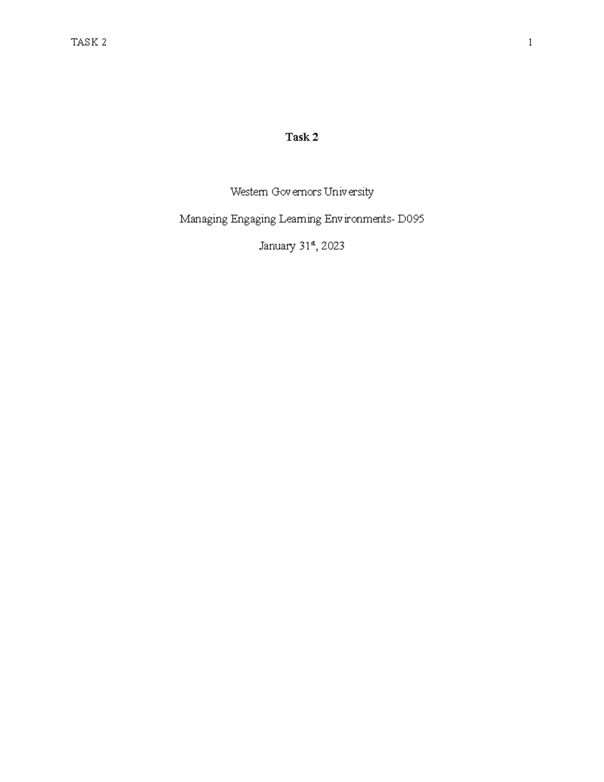 D095 Task 2 - Passed - Task 2 Western Governors University Managing ...