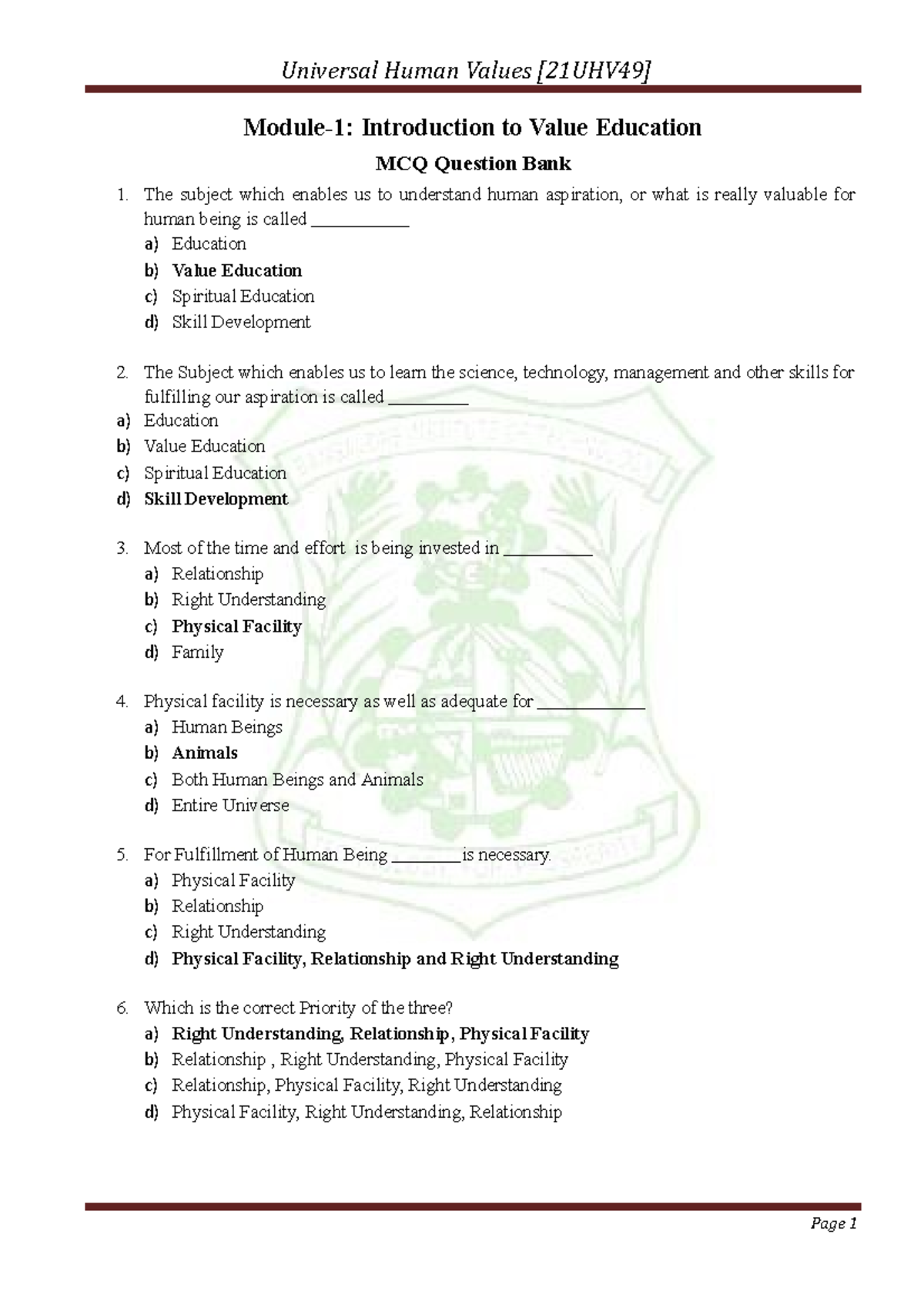 MCQ UHV Module 1 notes Universal Human Values [21UHV49] Page 1