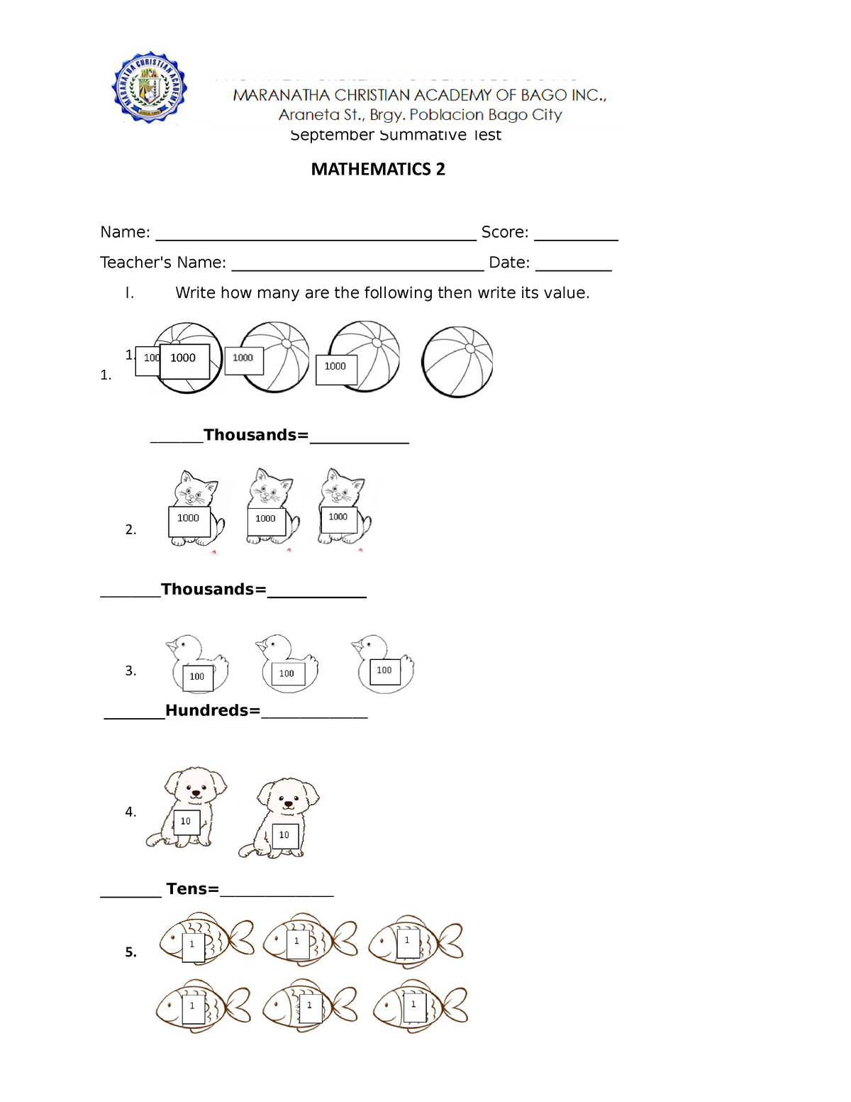 Summative-MATH - Test - September Summative Test MATHEMATICS 2 Name ...