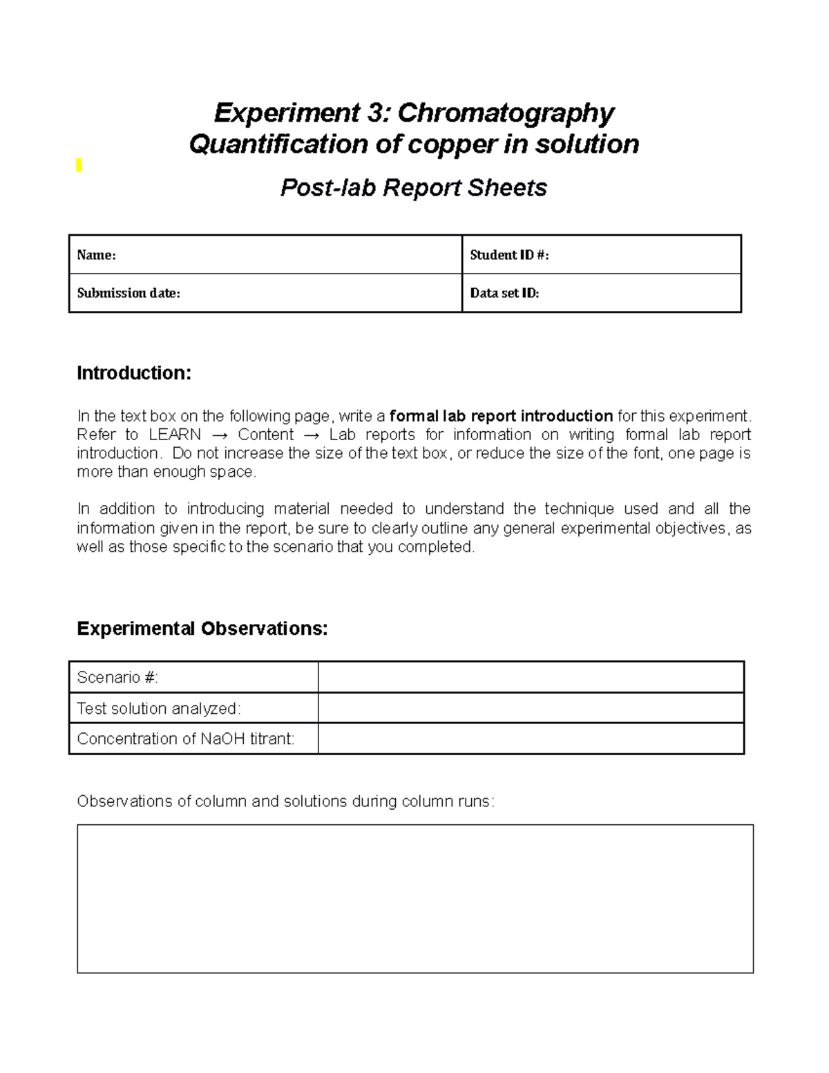 Chromatography report template - Experiment 3: Chromatography ...