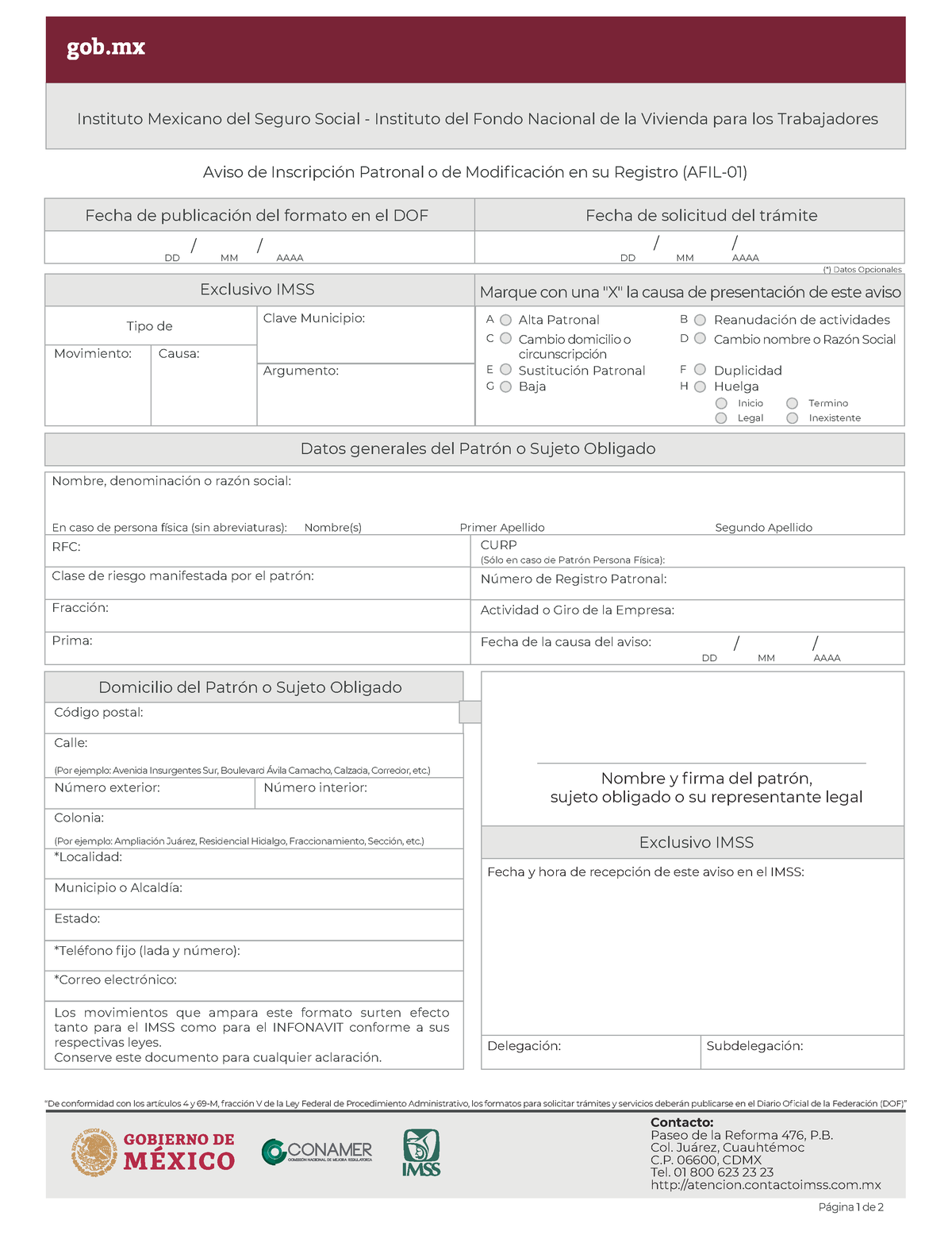 Afil 01 Aviso De Inscripcion Patronal O De Modificacion En Su