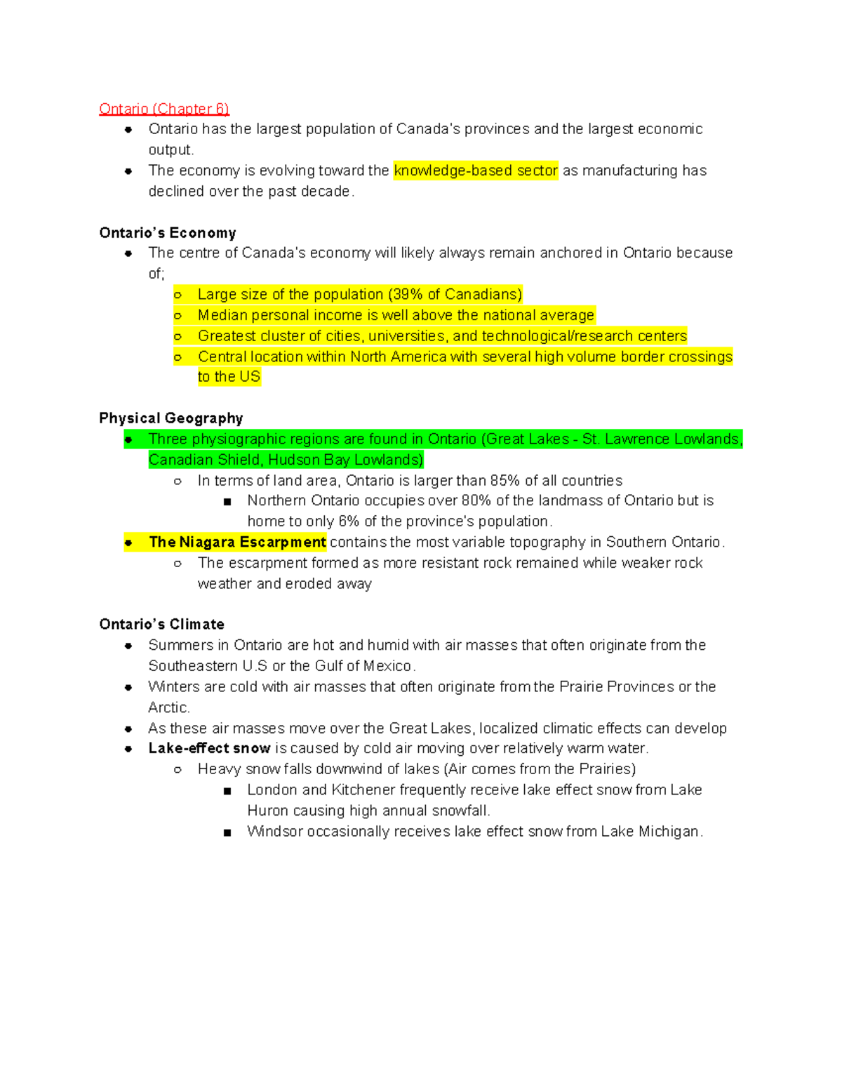 Geography 2010 Final - notes - Ontario (Chapter 6) Ontario has the ...