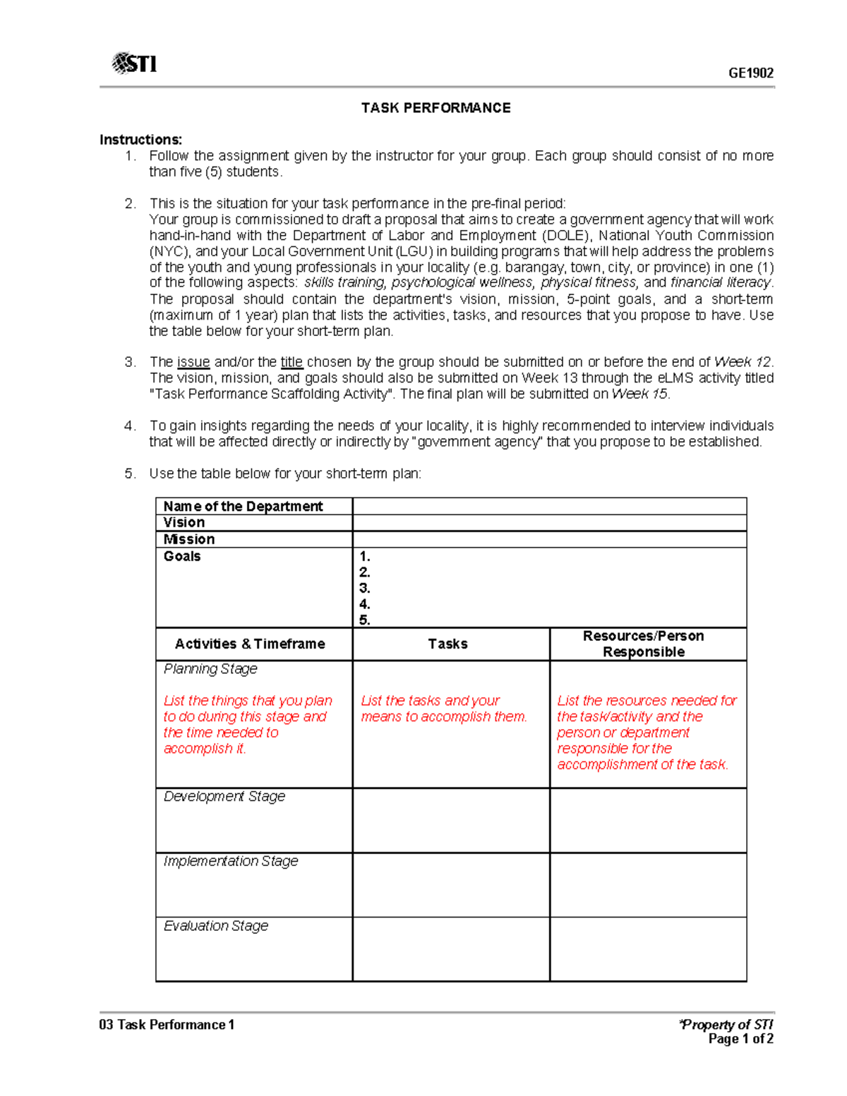 03 Task Performance 1 - N/A - GE 03 Task Performance 1 *Property of STI ...