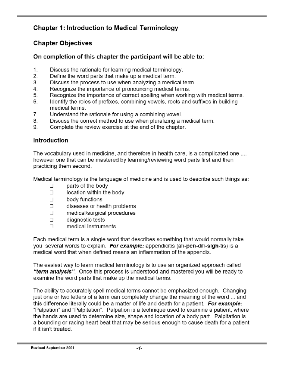 Chapter 1 Introduction to Medical Terminology Chapter Objectives ...