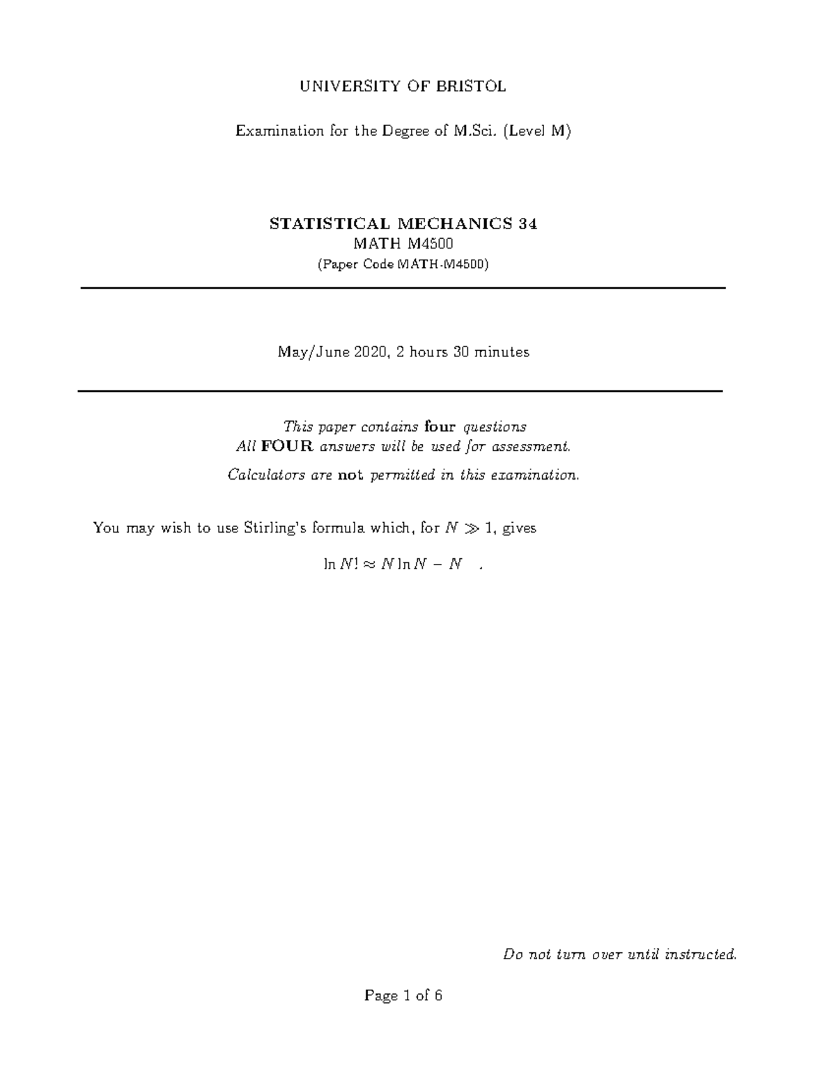 Statistical Mechanics 34 Exam 2020 UNIVERSITY OF BRISTOL Examination