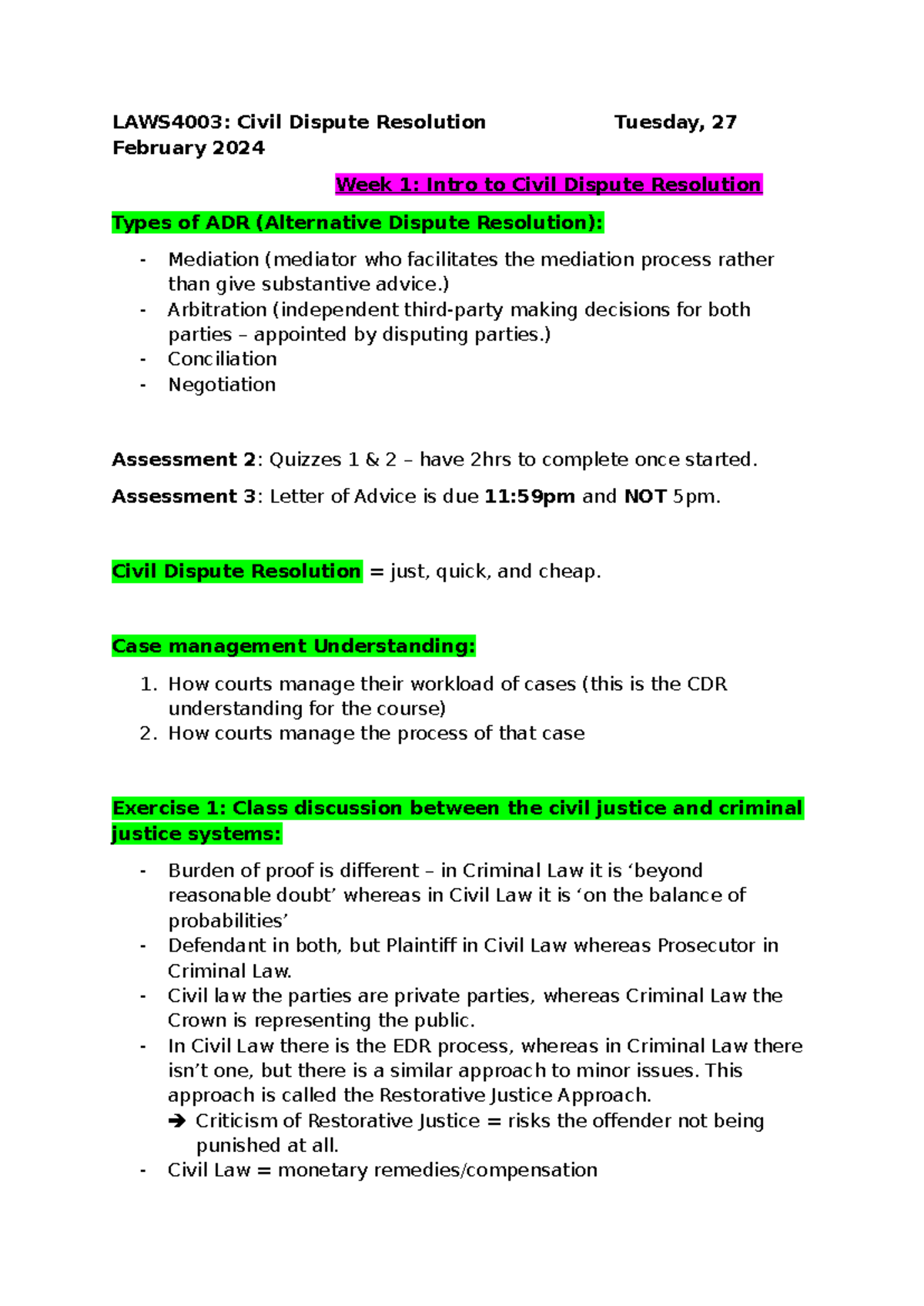 Week 1 Notes - Intro to Civil Dispute Resolution - LAWS4003: Civil ...