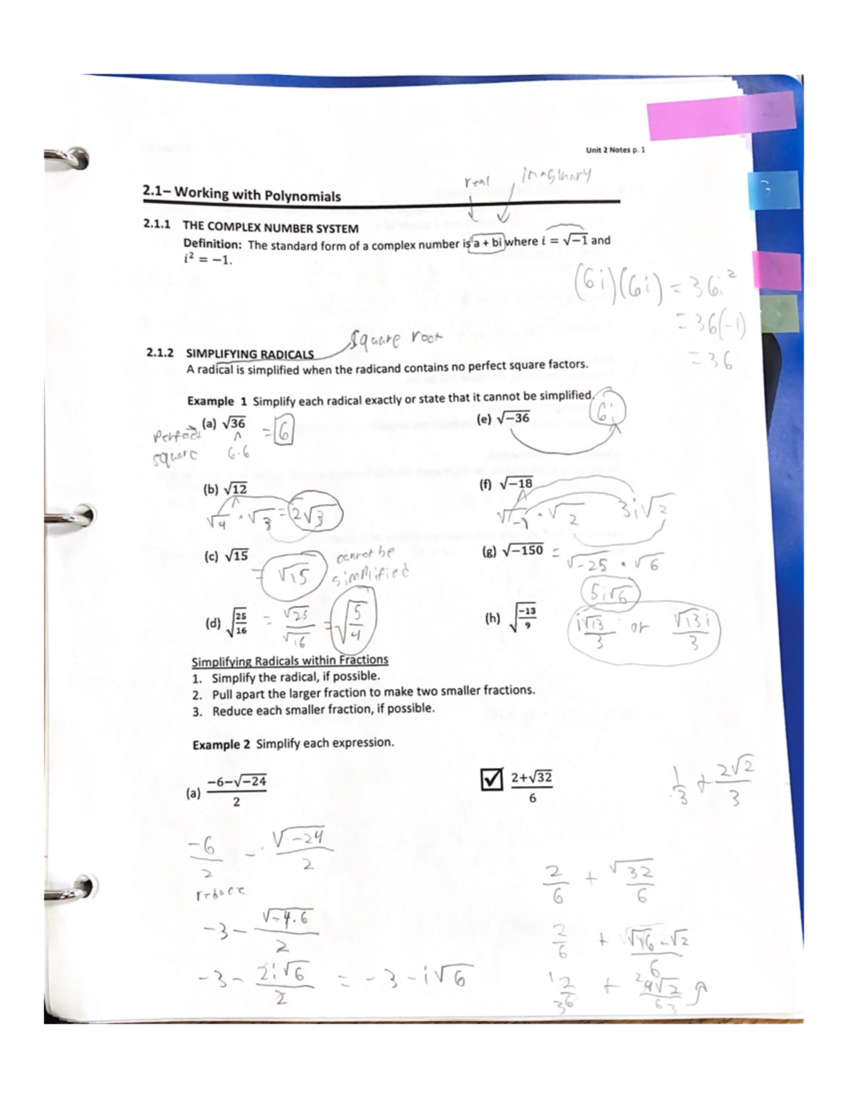 Chapter 2 - Unit 2 Notes p. 1 real imaginary C 2 Working with ...