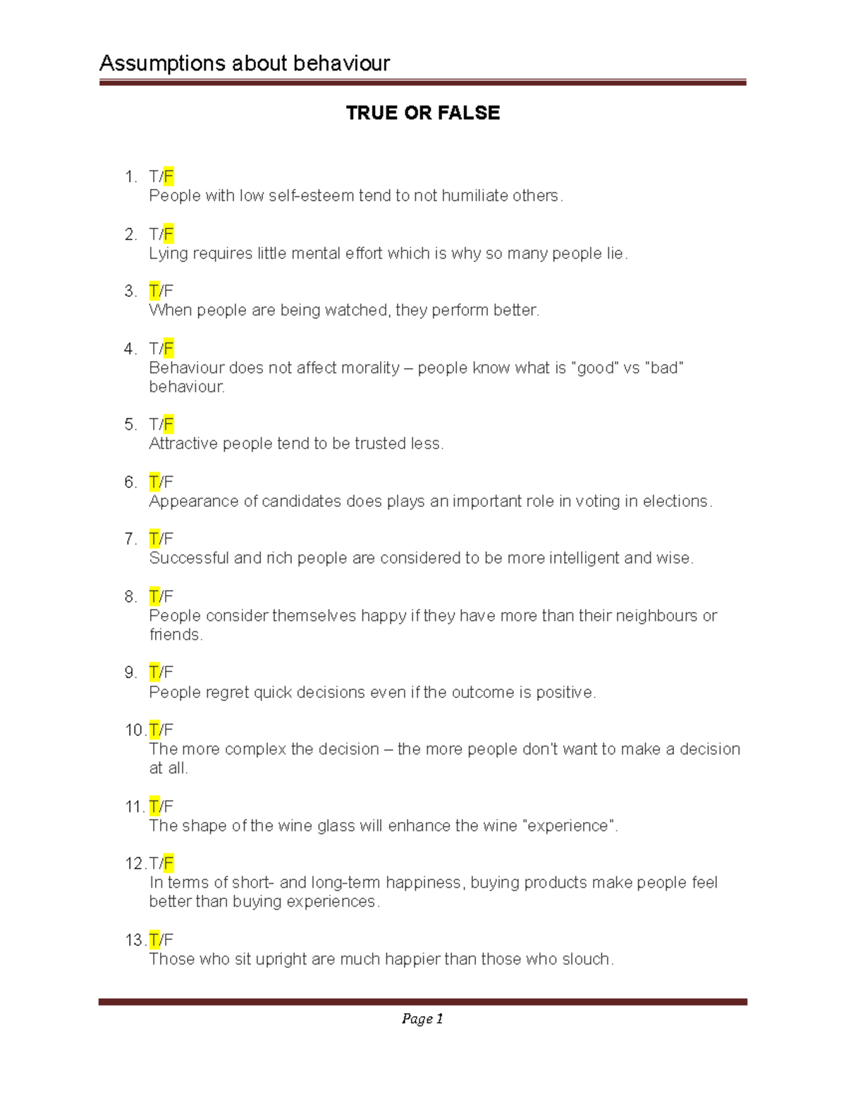 Assumptions of human bhvr - true-false- stdt - Assumptions about ...