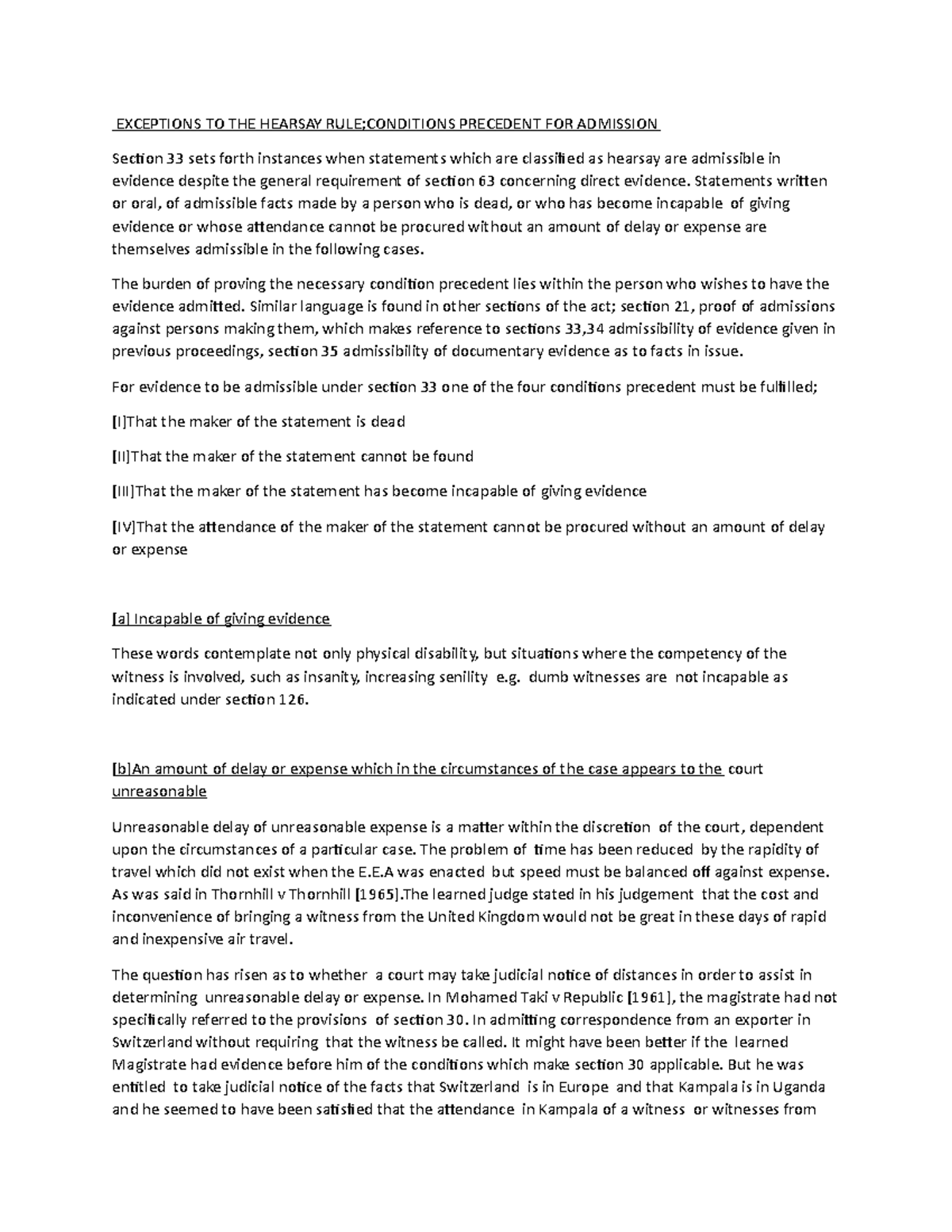 Evidence Groupwork - Notes - EXCEPTIONS TO THE HEARSAY RULE;CONDITIONS ...