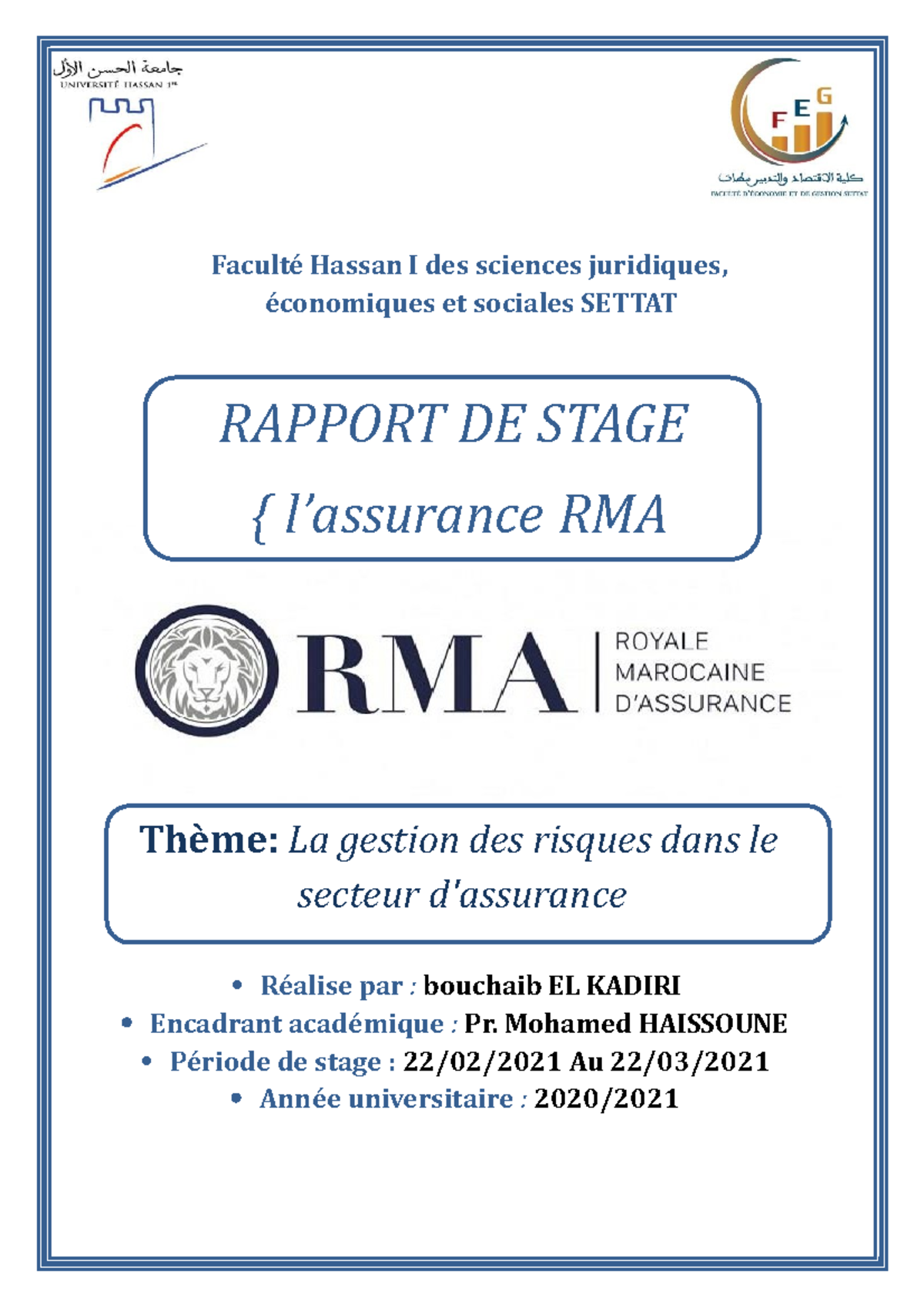 Rapport DE stage RMA - Faculté Hassan I des sciences juridiques ...