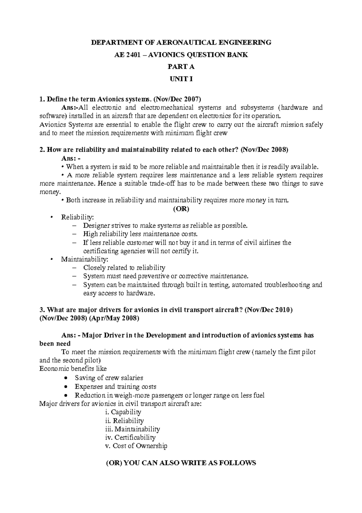 Avionics 2marks Vhh DEPARTMENT OF AERONAUTICAL ENGINEERING AE 2401