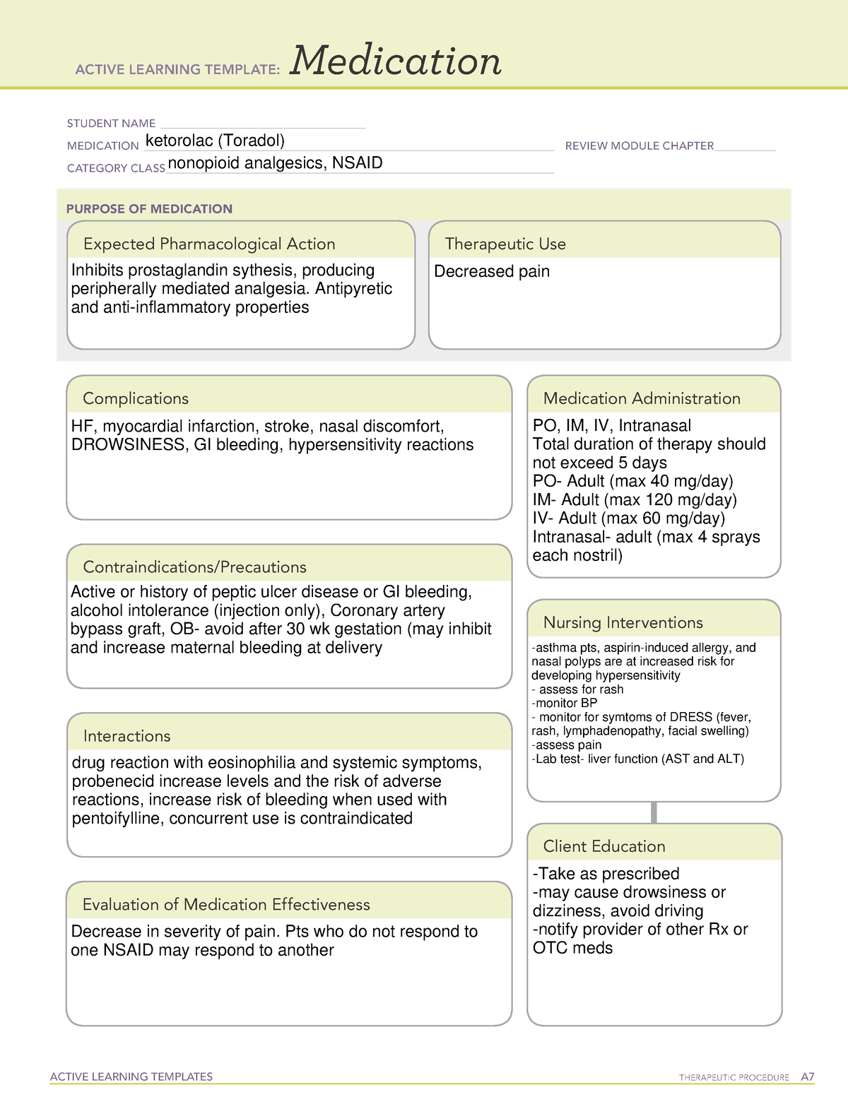 Ketorolac (Toradol) Med sheets ACTIVE LEARNING TEMPLATES THERAPEUTIC PROCEDURE A Medication