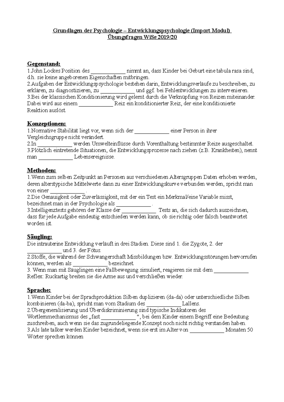 Übungsfragen Entwicklungspsychologie Wi 2019/2020 - Grundlagen Der ...