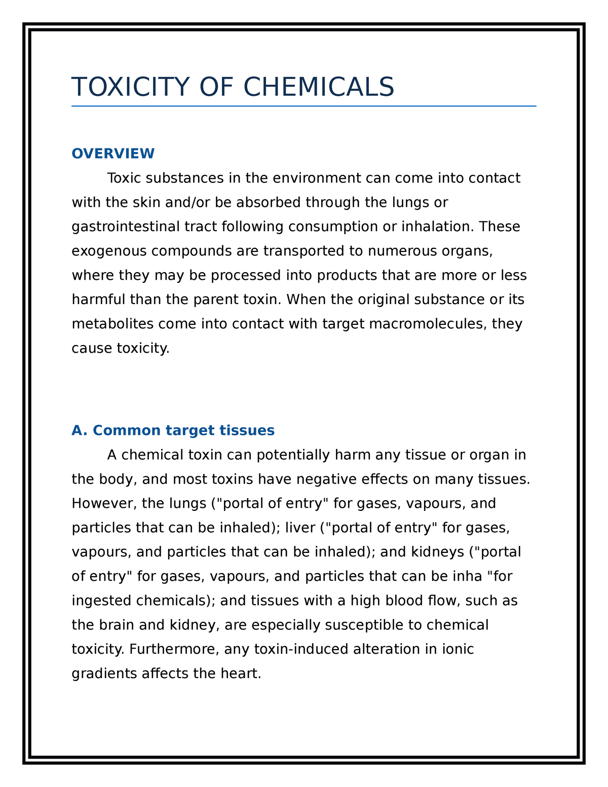 NOTE ON Toxicity OF Chemicals - TOXICITY OF CHEMICALS OVERVIEW Toxic ...