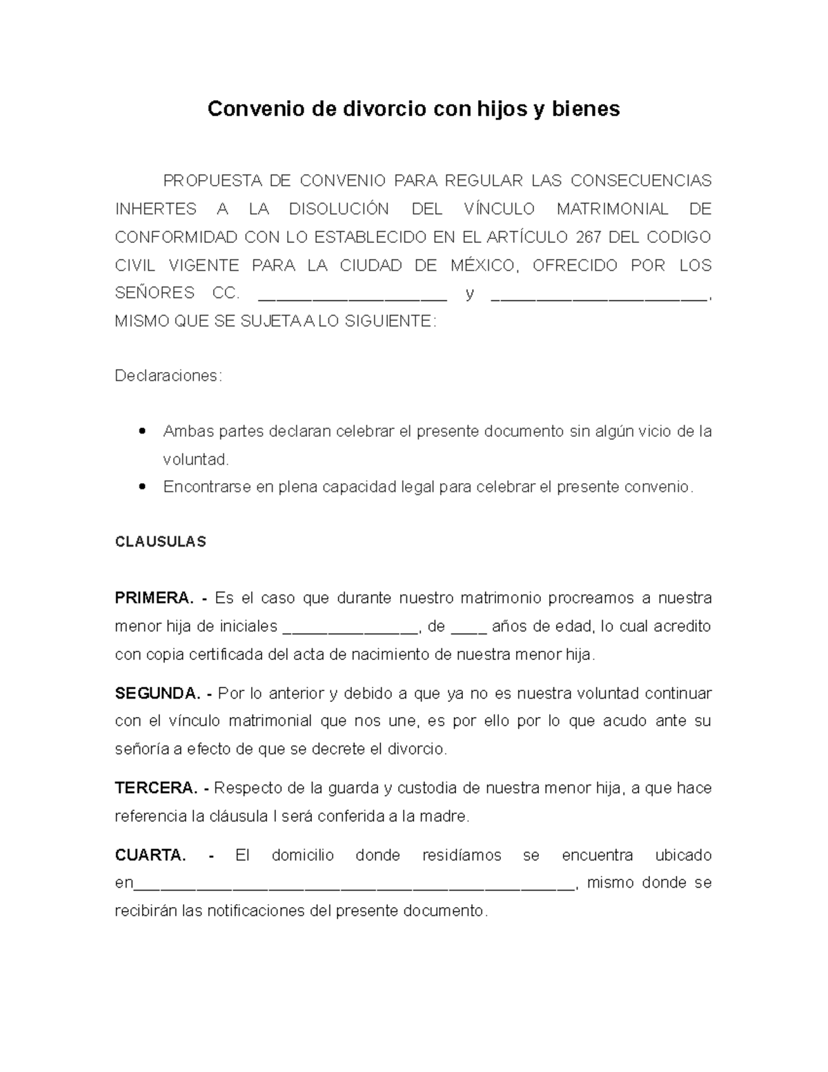 Formato De Convenio De Divorcio Con Hijos Y Bienes Convenio De