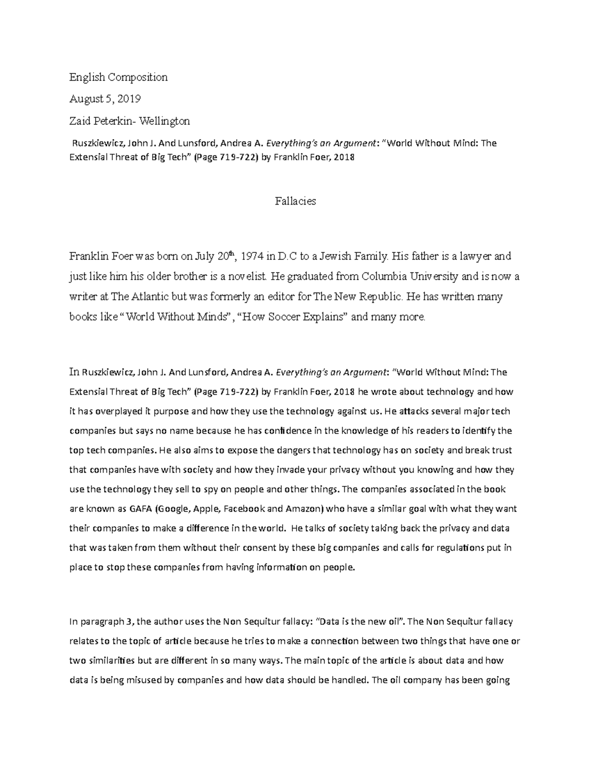 Fallacies Assignment - Essay - English Composition August 5, 2019 Zaid ...