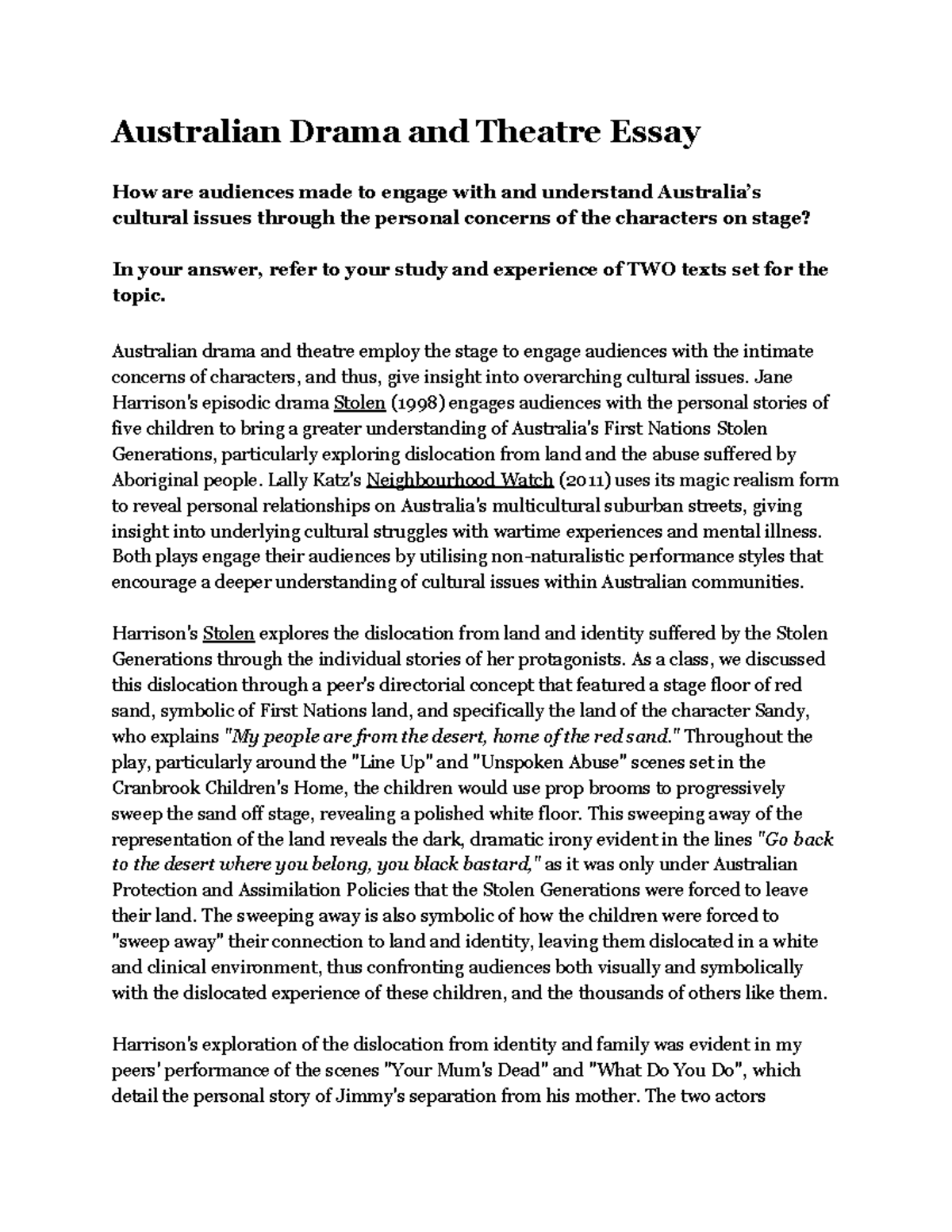 Australian Drama and Theatre Essay - Australian drama and theatre ...