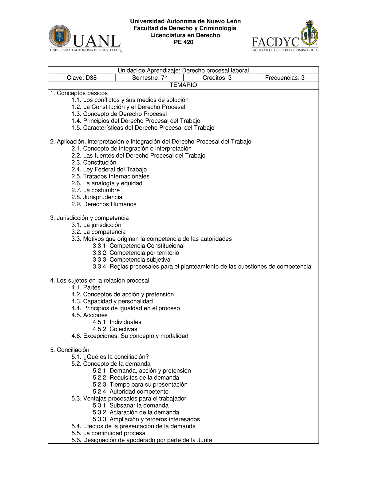 D Derecho procesal laboral Facultad de Derecho y Criminología Licenciatura en Derecho PE