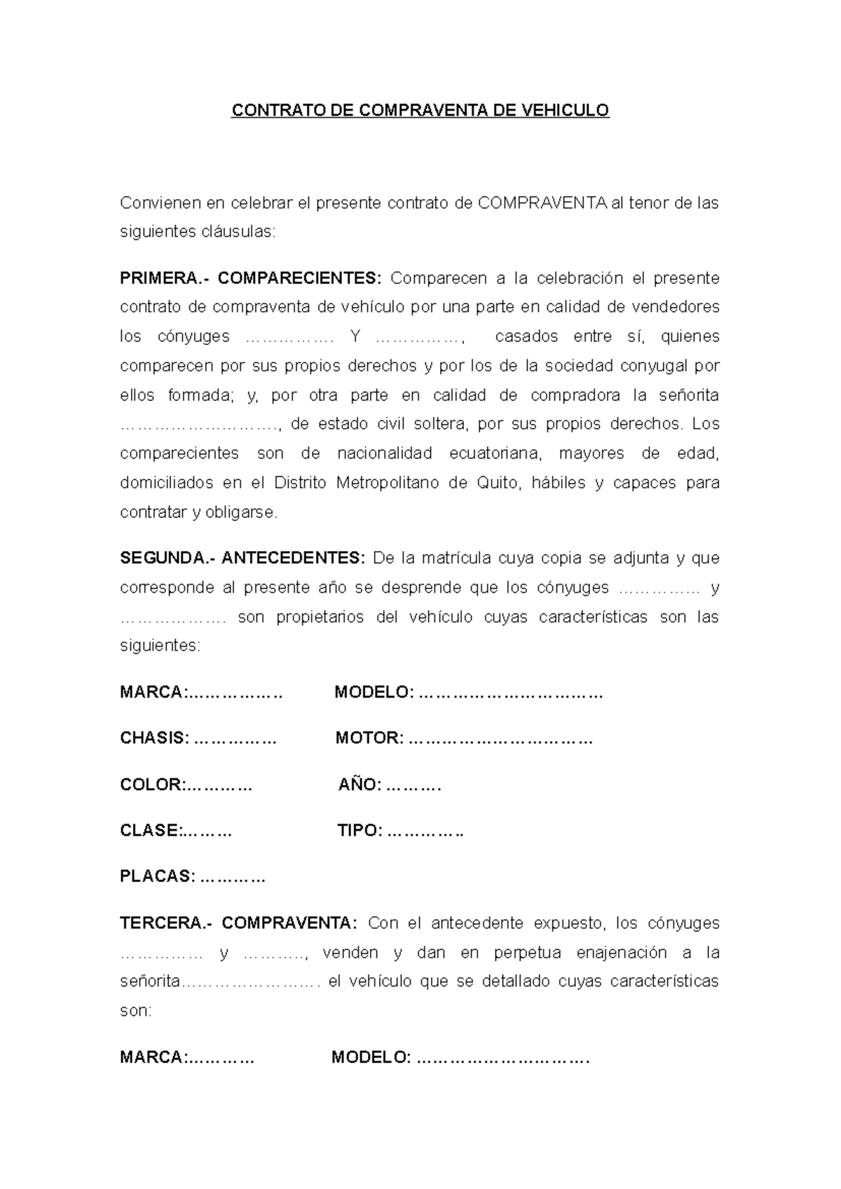 Contrato+DE+ Compraventa+DE+ Vehiculo - CONTRATO DE COMPRAVENTA DE ...