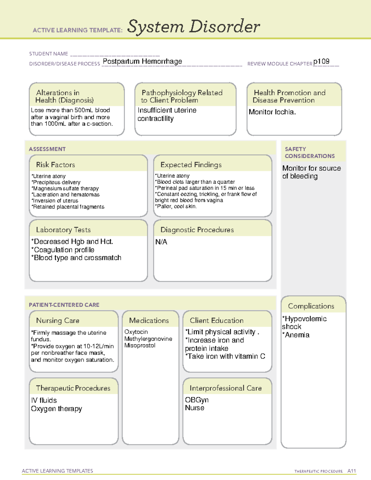 ATI Template Postpartum Hemorrhage ACTIVE LEARNING TEMPLATES THERAPEUTIC PROCEDURE A System