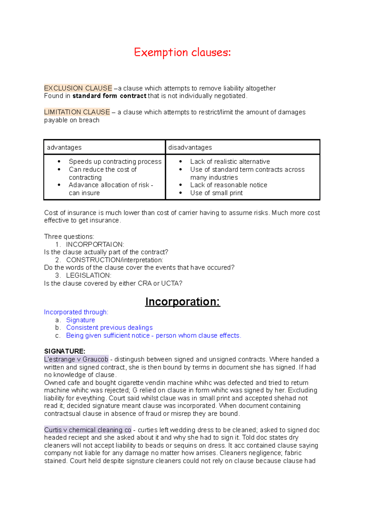 Exemption And Exclusion Clauses