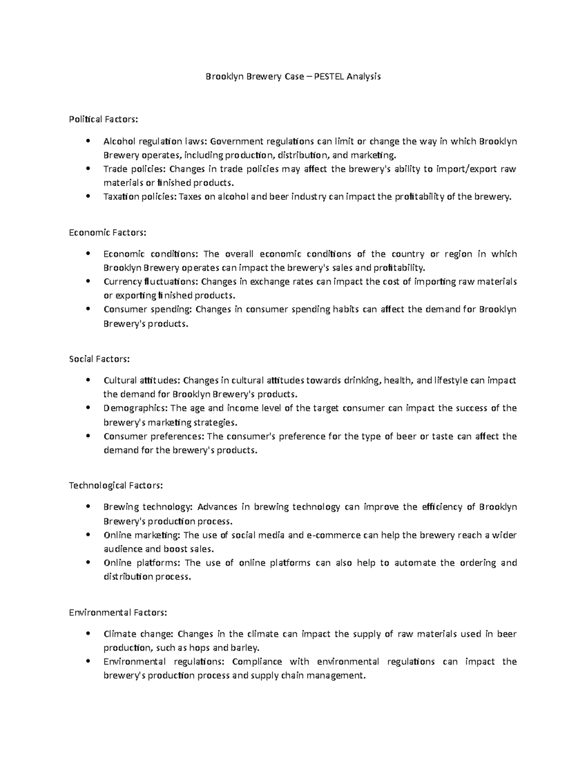 Brooklyn Brewery Case Pestle Analysis Brooklyn Brewery Case