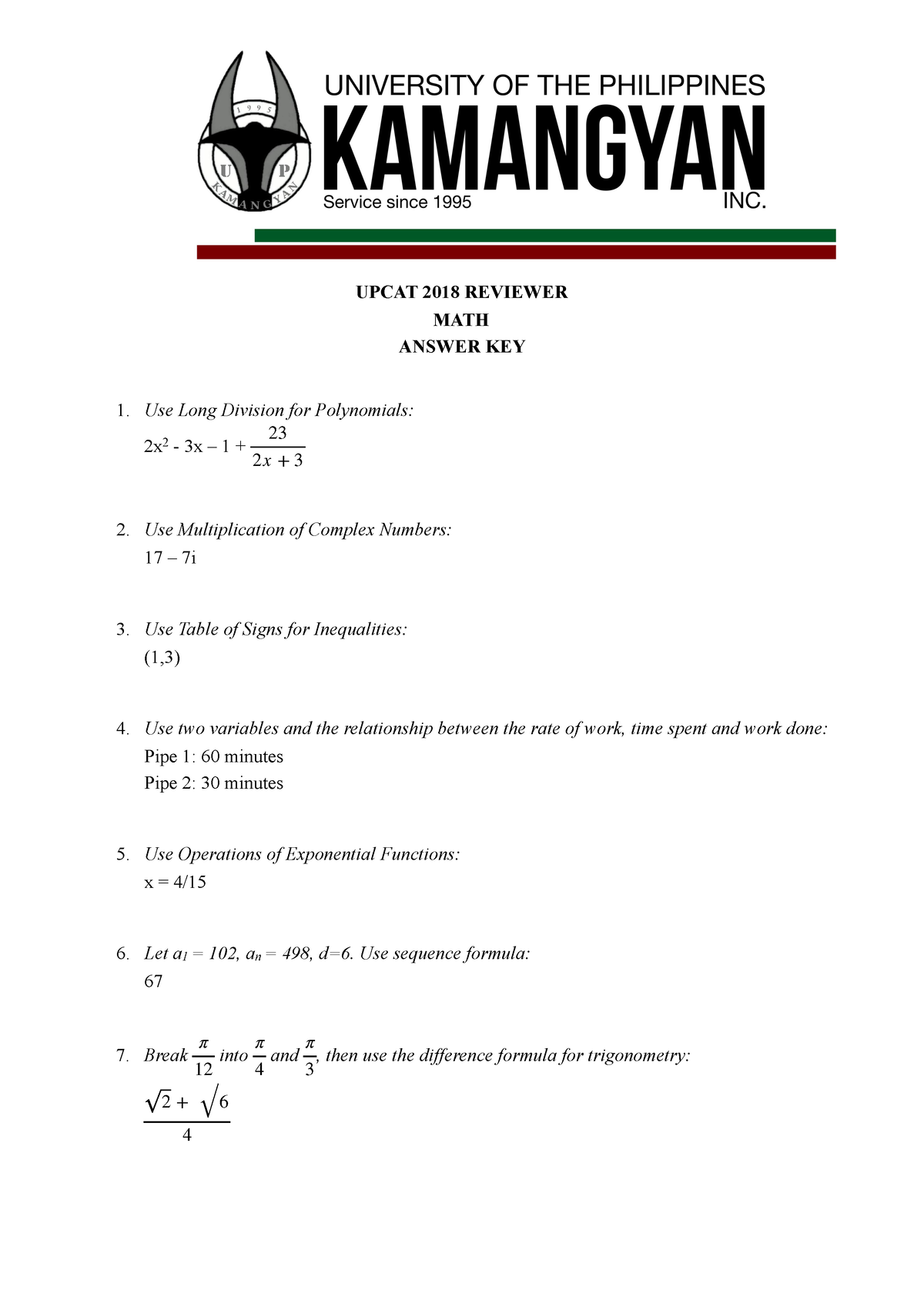 Answer Key - Mathematics - UPCAT 2018 REVIEWER MATH ANSWER KEY Use Long ...