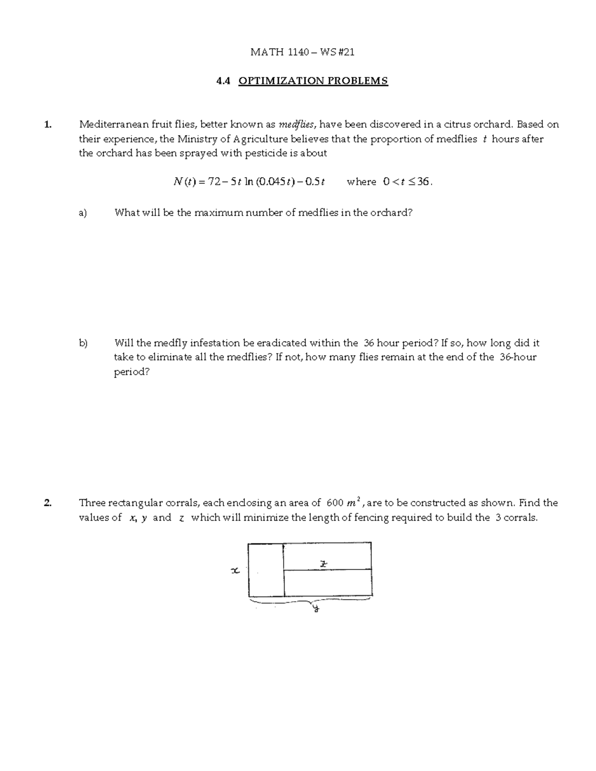 Math 1140, WS #21, Optimization Problems - MATH 1140 – WS #21 4 ...