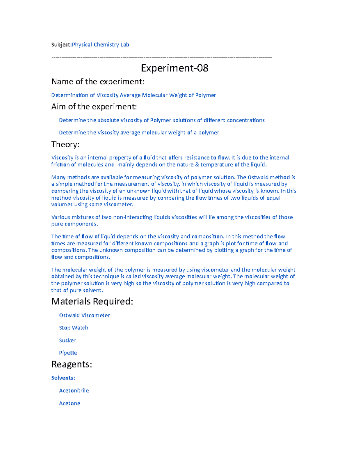 Experiment 8 (Determination of Viscosity Average Molecular Weight of ...