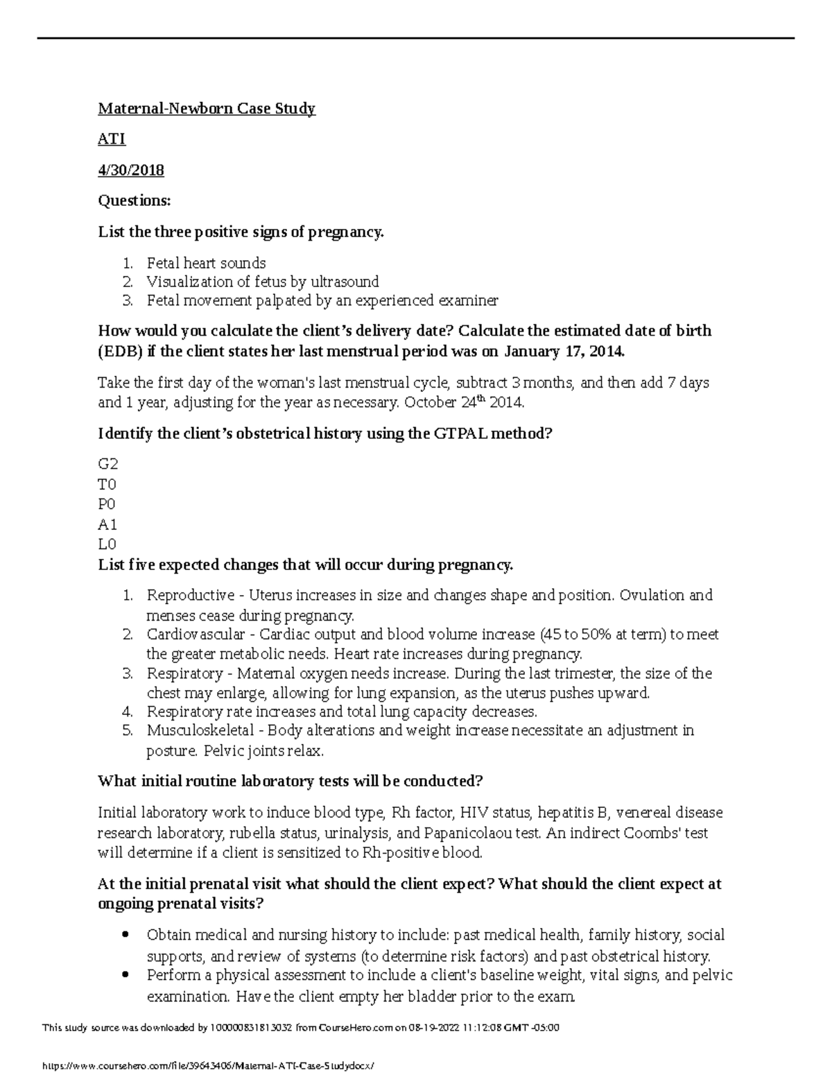 Maternal ATI Case Study - Maternal-Newborn Case Study ATI 4/30 ...