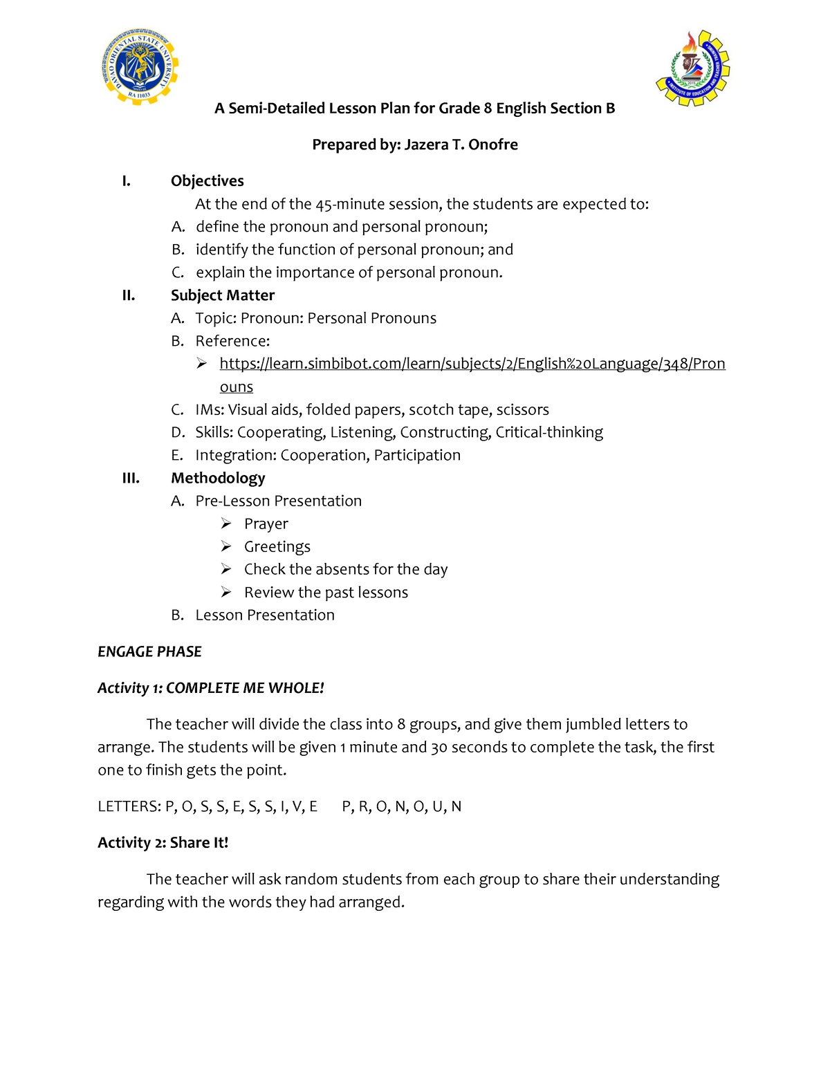 Lesson Plan Personal Pronouns 014245 - A Semi-Detailed Lesson Plan For ...