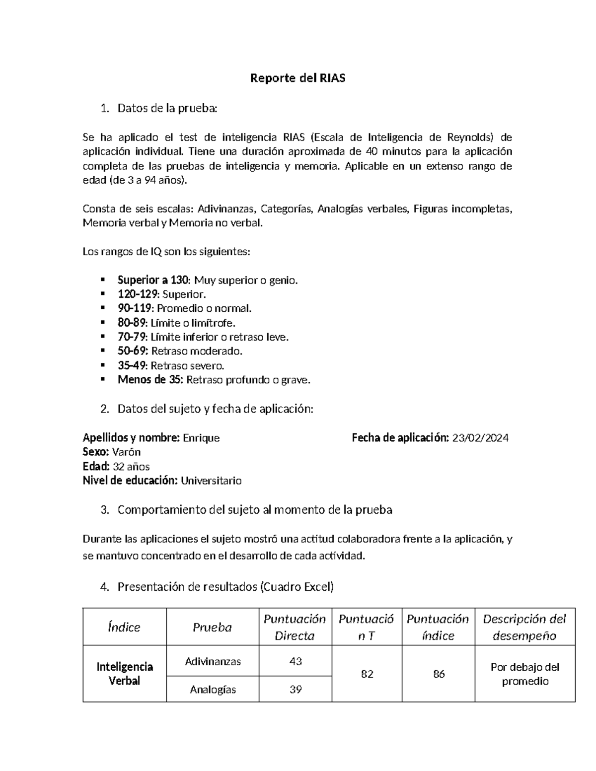Reporte del RIAS - ejemplo - Reporte del RIAS 1. Datos de la prueba: Se ...