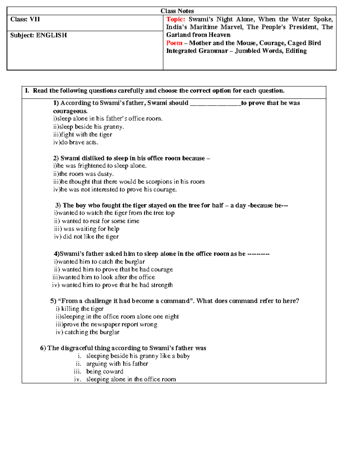 7- English - eng - Class Notes Class: VII Topic: Swami’s Night Alone ...