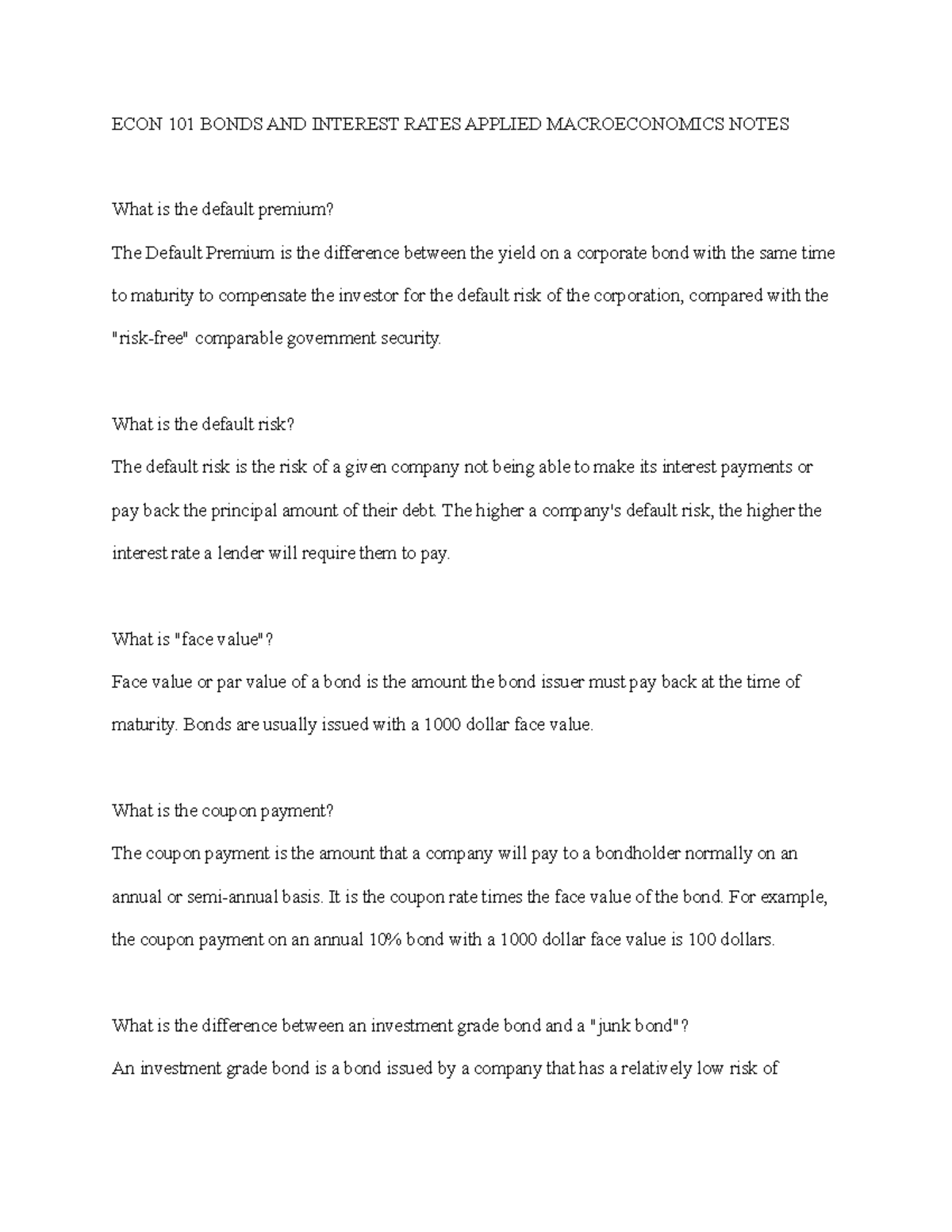 ECON 101 Bonds AND Interest Rates Applied Macroeconomics Notes - ECON ...