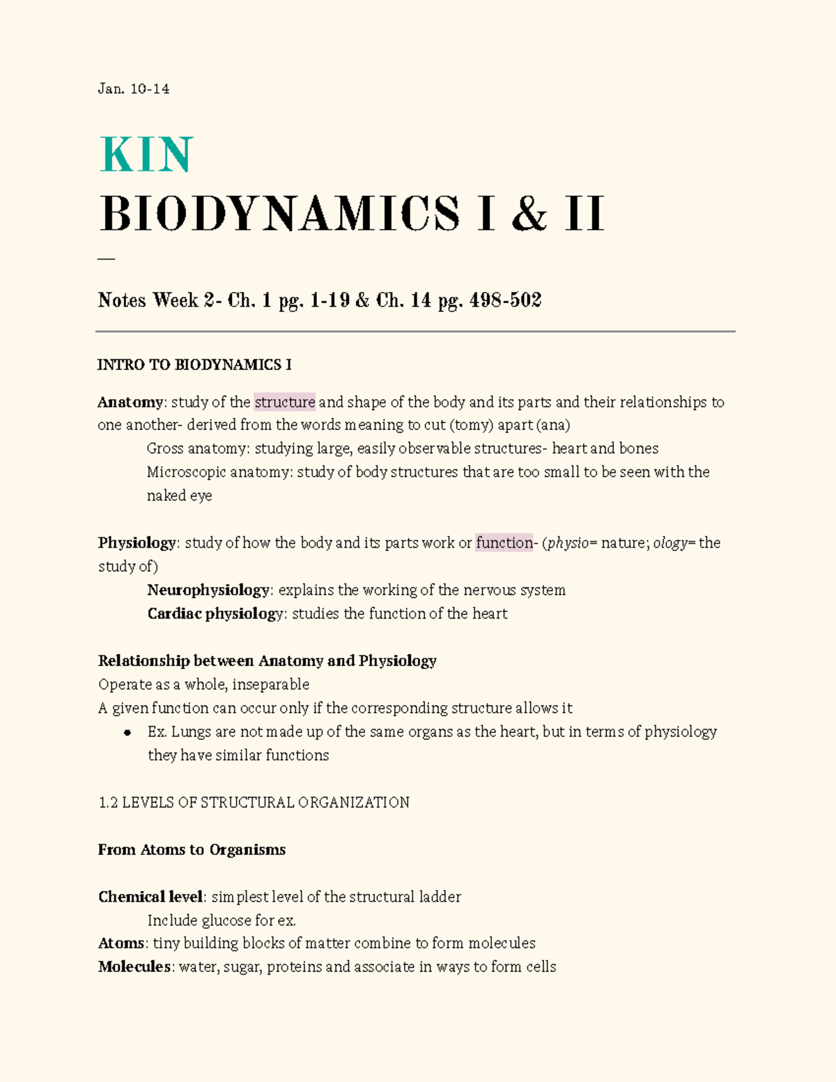 KINS W. 2- Biodynamics - Lecture notes Week 2- Lectures 1, 2, 3, 4 ...