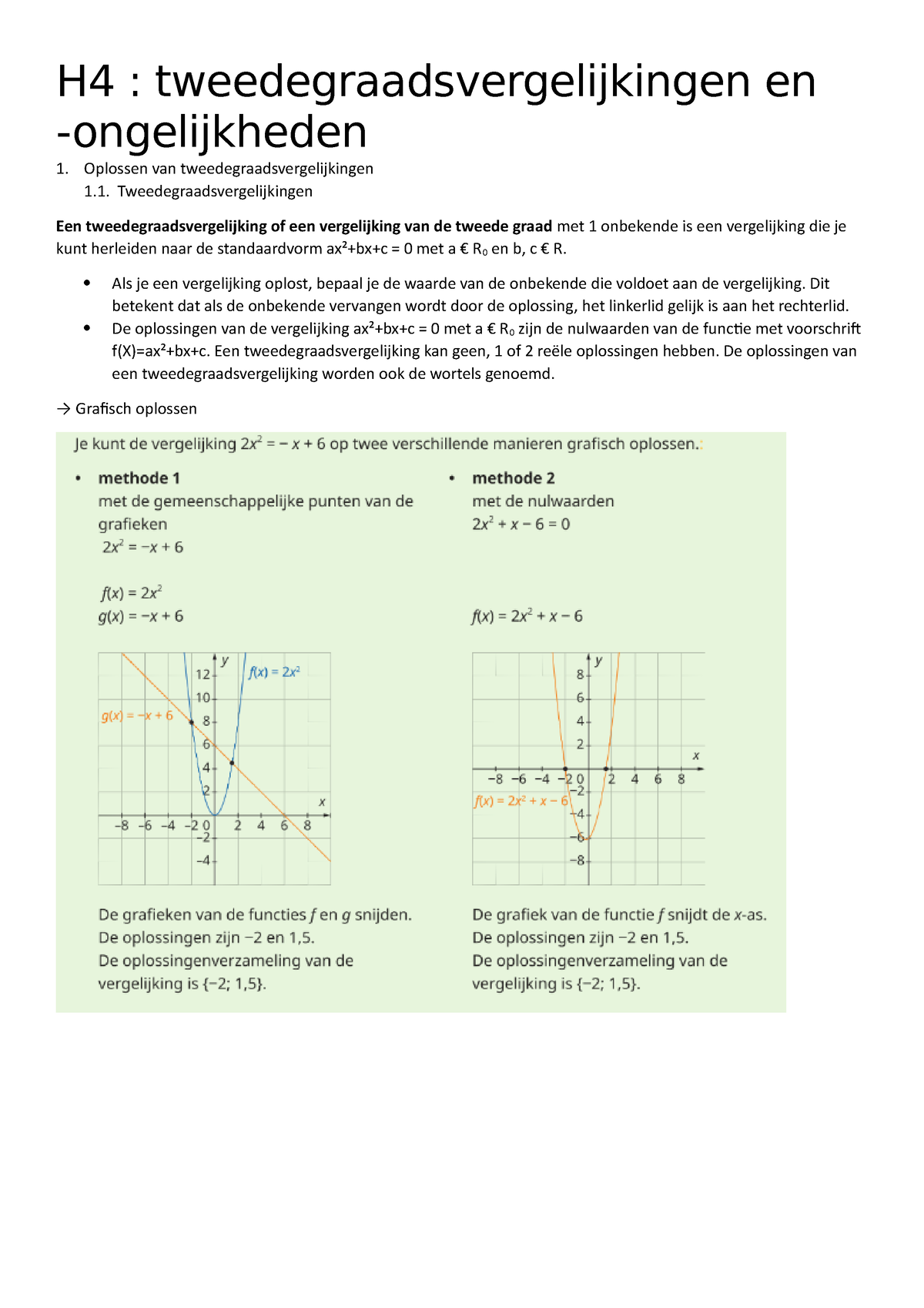 Wiskunde H4 Samenvatting - H4 : Tweedegraadsvergelijkingen En ...