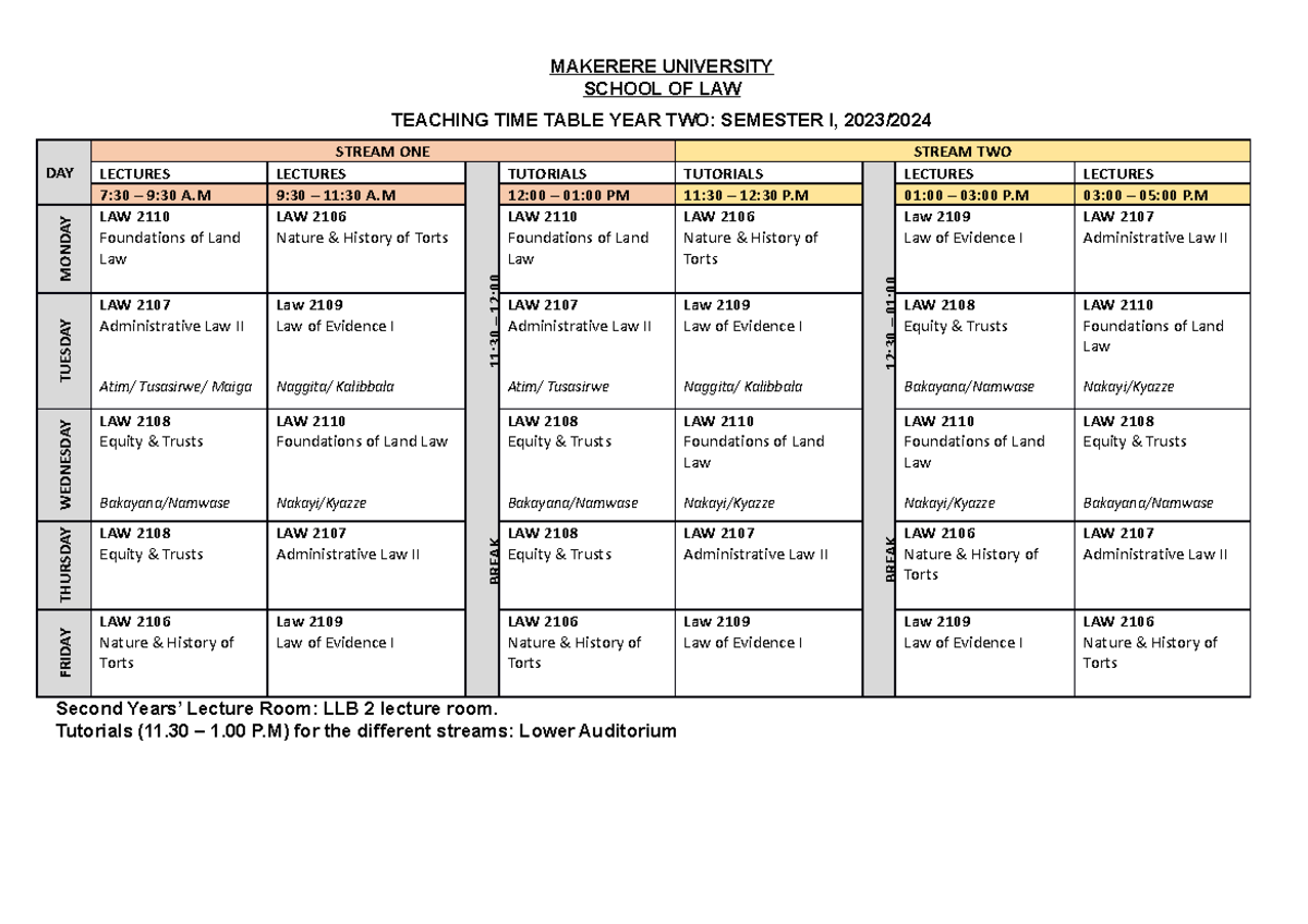 Time Table Year II Semester I MAKERERE UNIVERSITY SCHOOL OF LAW