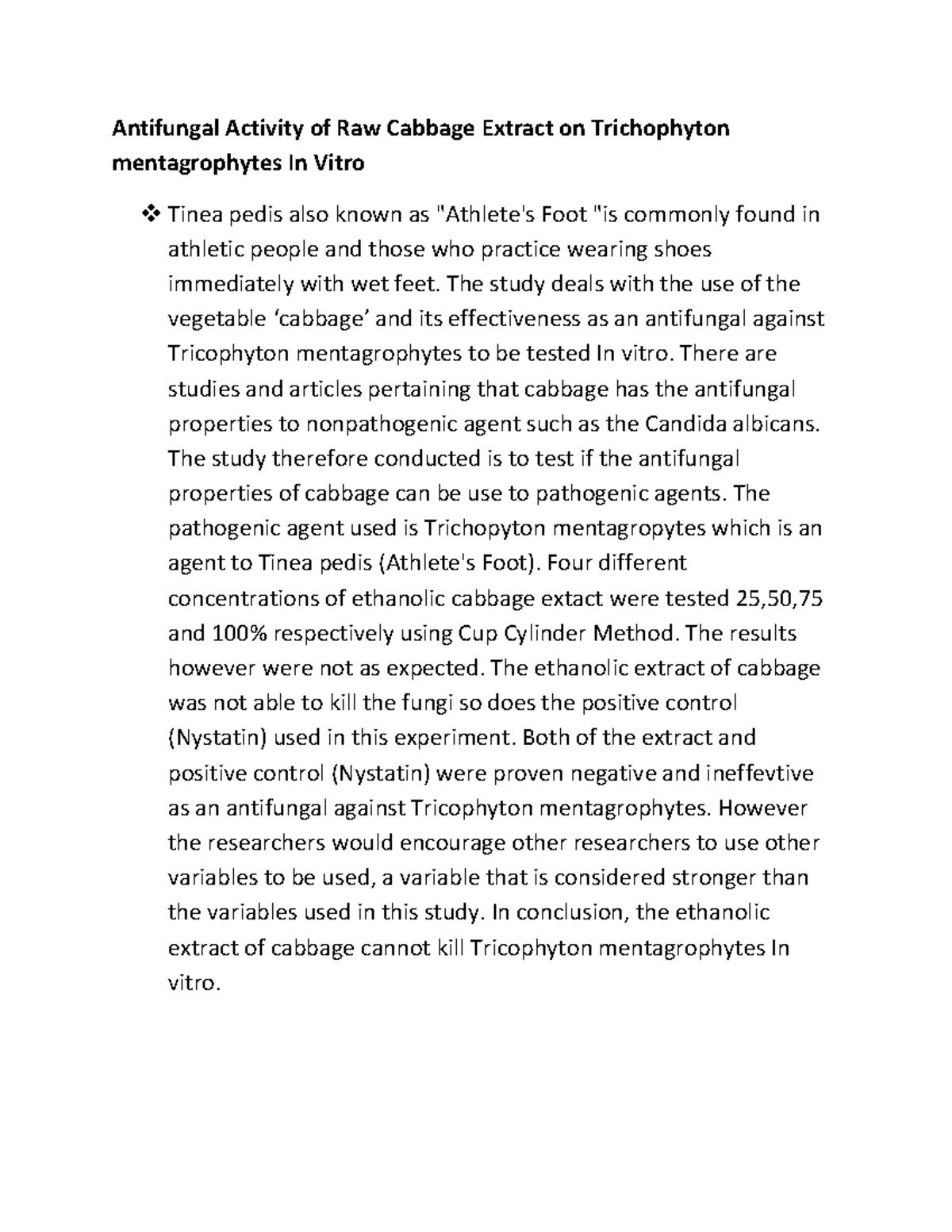 Antifungal Activity of Raw Cabbage Extract on Trichophyton