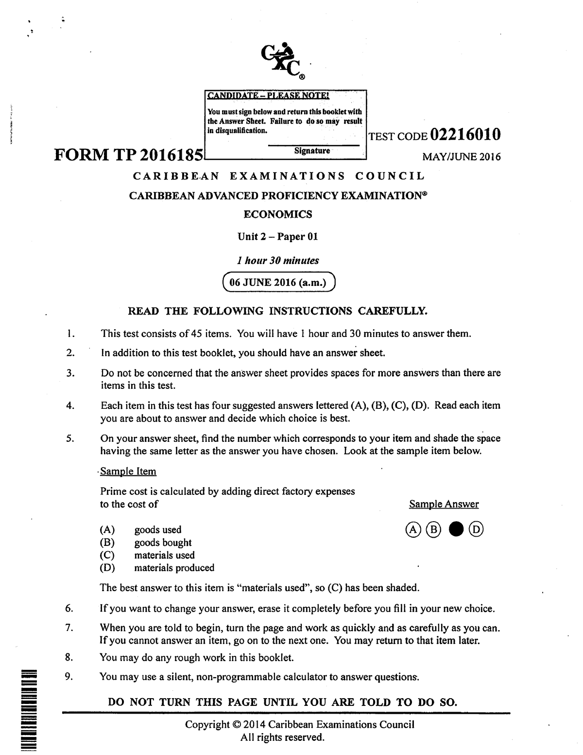 CAPE Economics 2016 U2 P1 - %. TEST CODE 02216010 F'ORM TP 2016195 MAY ...