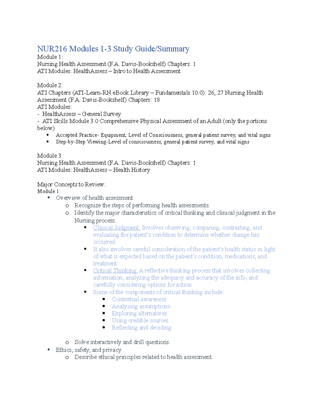 NUR216 Exam 1 Study Guide - NUR216 Modules 1-3 Study Guide/Summary ...