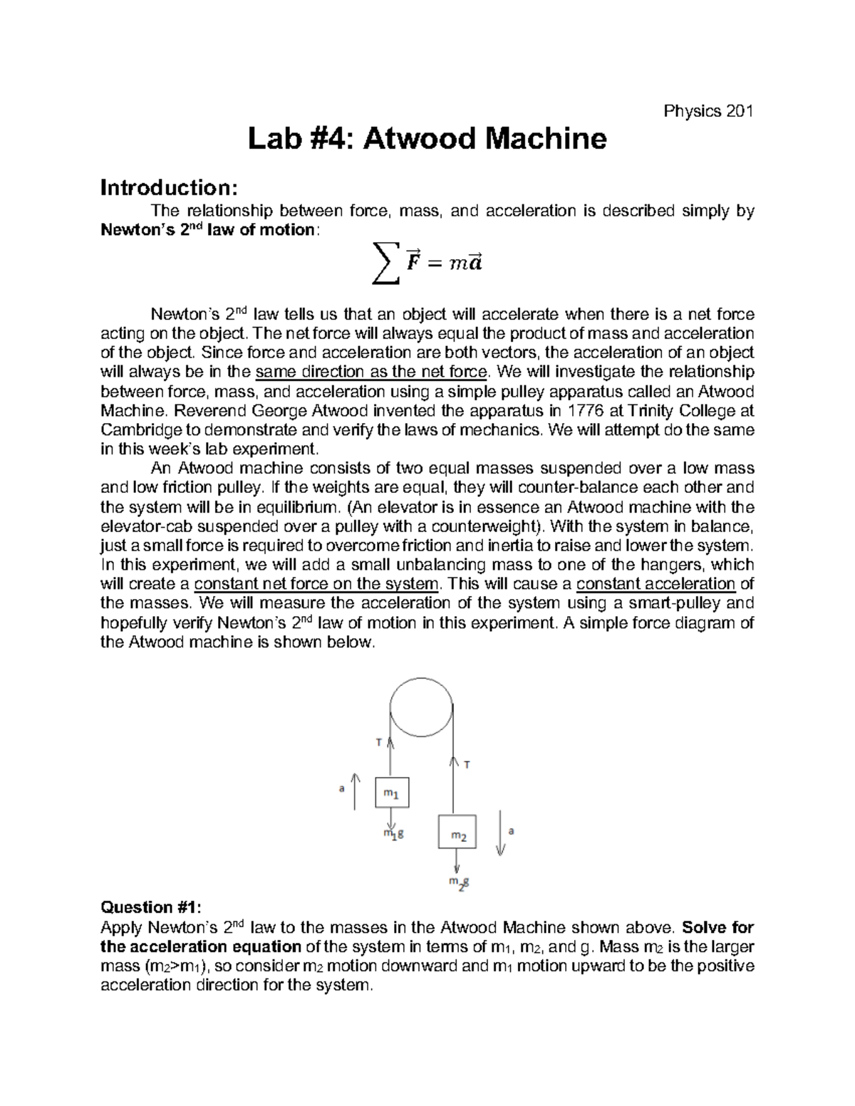 PHY201 Lab4 Atwood Machine - Physics 201 Lab # 4 : Atwood Machine ...