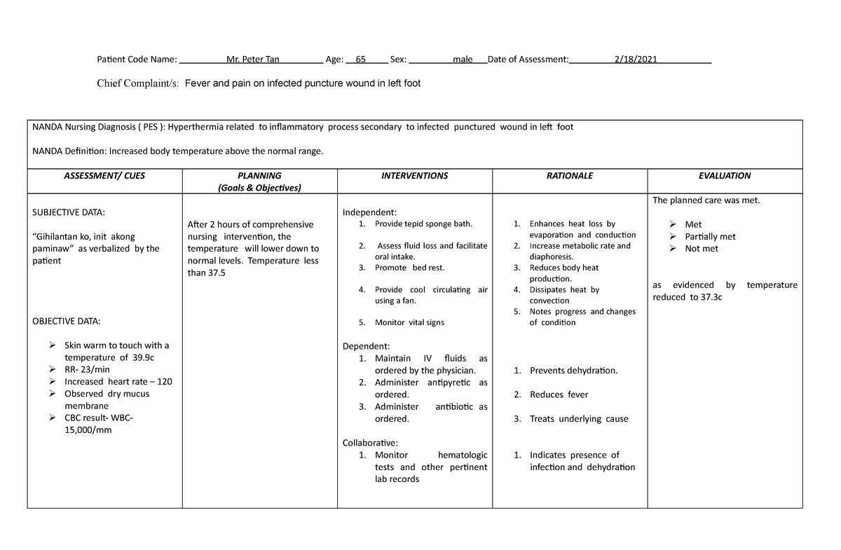 Sample-Nursing-Care-Plan-NCP - Patient Code Name: Mr. Peter Tan Age: 65 ...