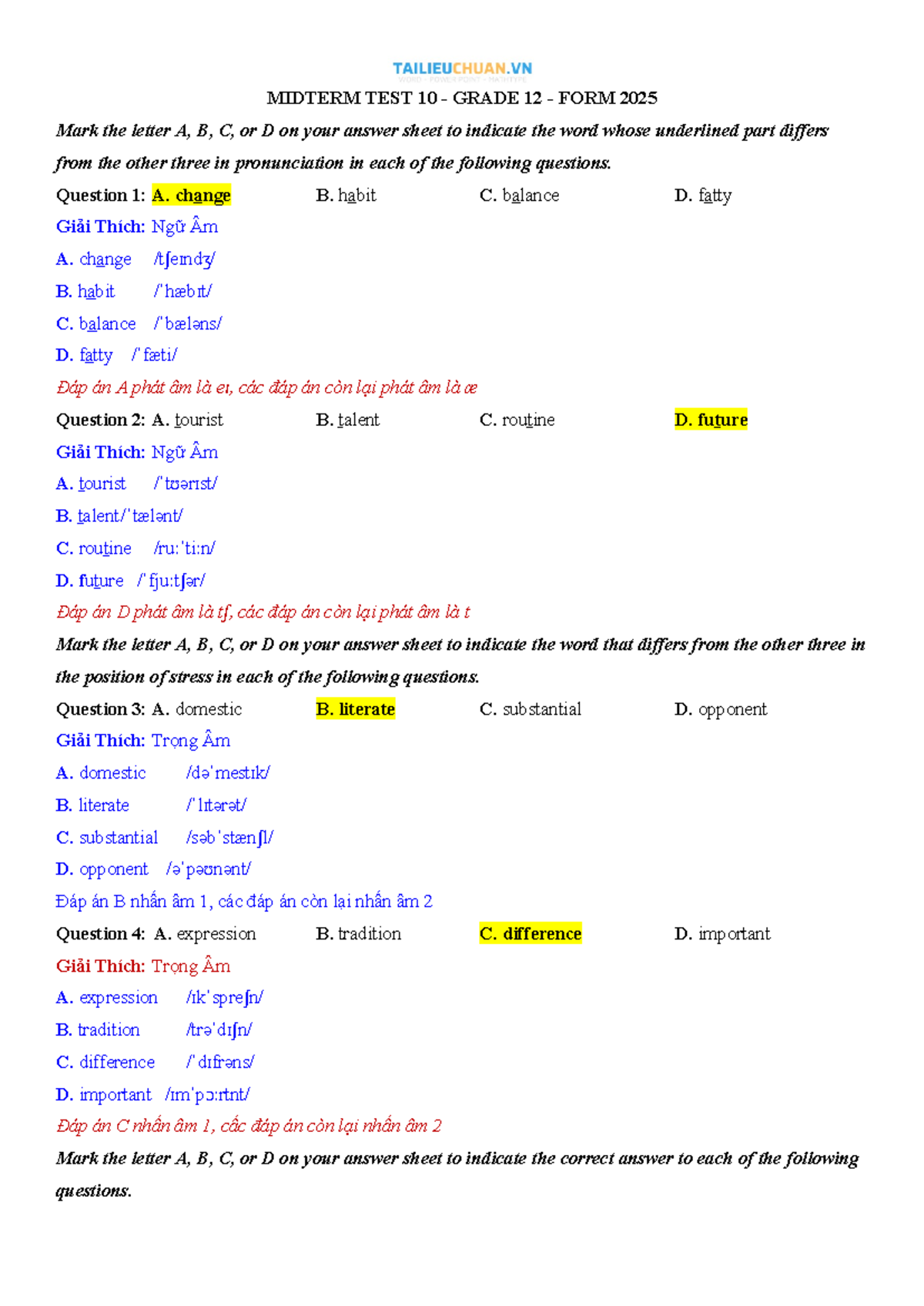 Midterm TEST 10.docx Giải Chi Tiết Đề 10 - MIDTERM TEST 10 - GRADE 12 ...