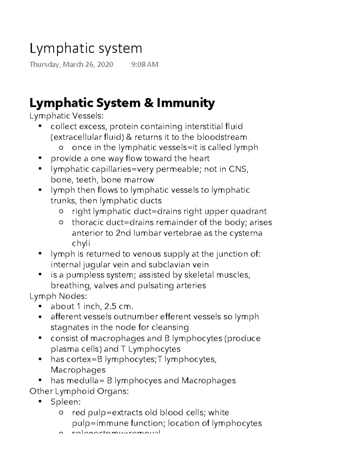 Lymphatic System - Lecture Notes Lecture 6 - Lymphatic System ...