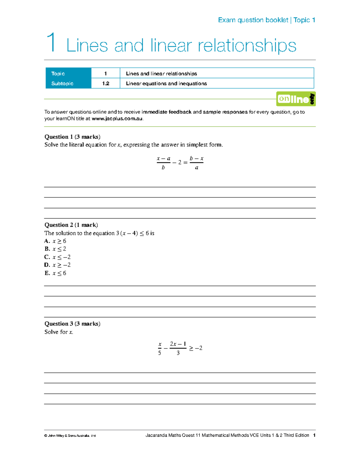 Jacaranda Topic 1 exam question booklet Exam question booklet Topic
