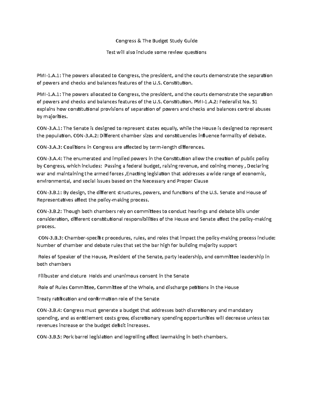 Congress study guide - Congress & The Budget Study Guide Test will also ...